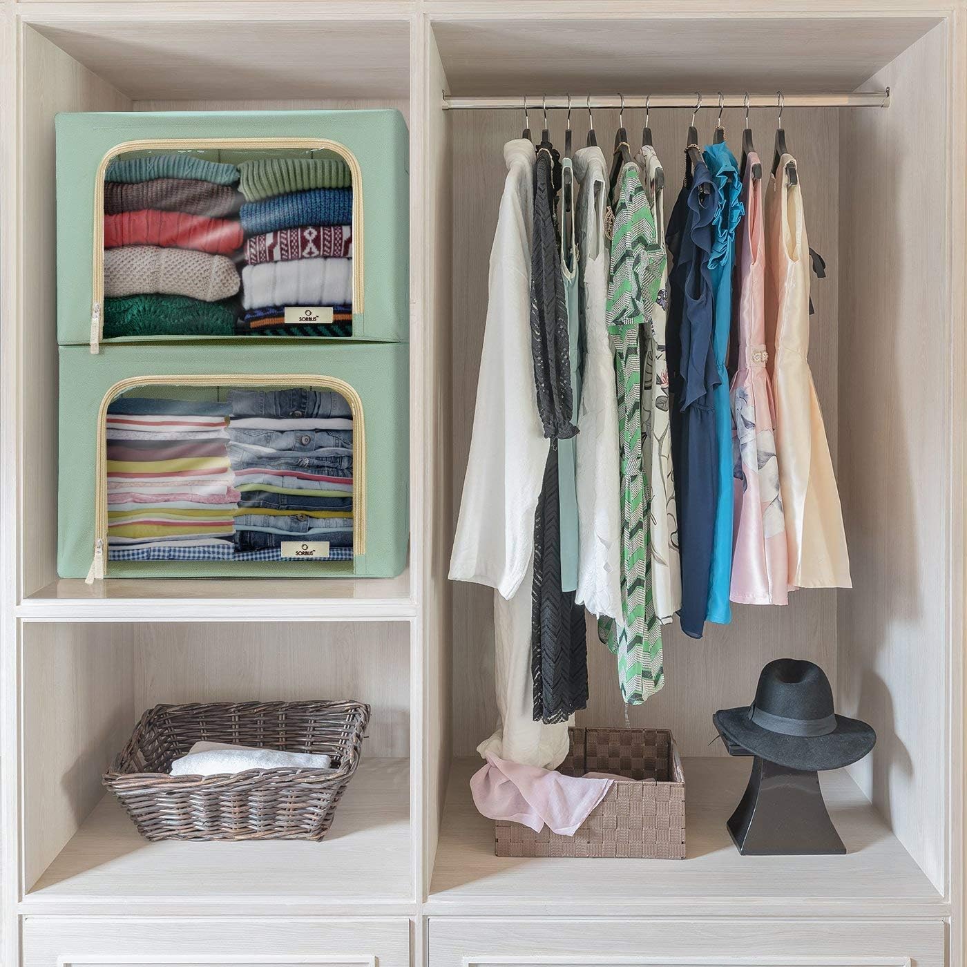 Sorbus Storage Bins with Metal Frame - Stackable & Foldable Clothes Organizer Bags - Oxford Fabric Storage Containers with Large Clear Window & Carry Handles Organization for Bedding Linen & Clothing