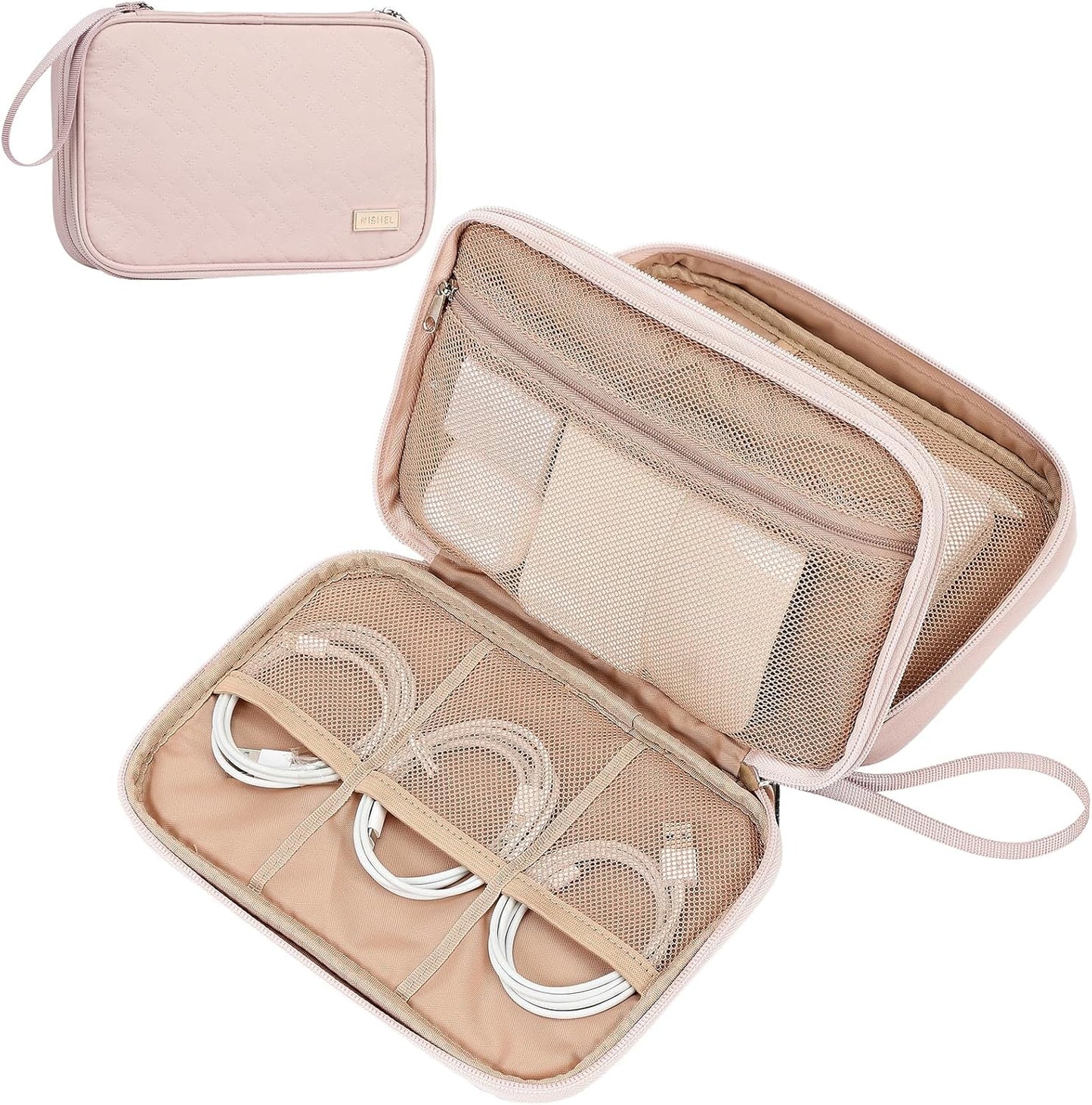 NISHEL Travel Cord Organizer Case, Double Layers Tech Electronic Bag, Essentials for Charger, Cable, Phone, Flash drive, Large, Pink