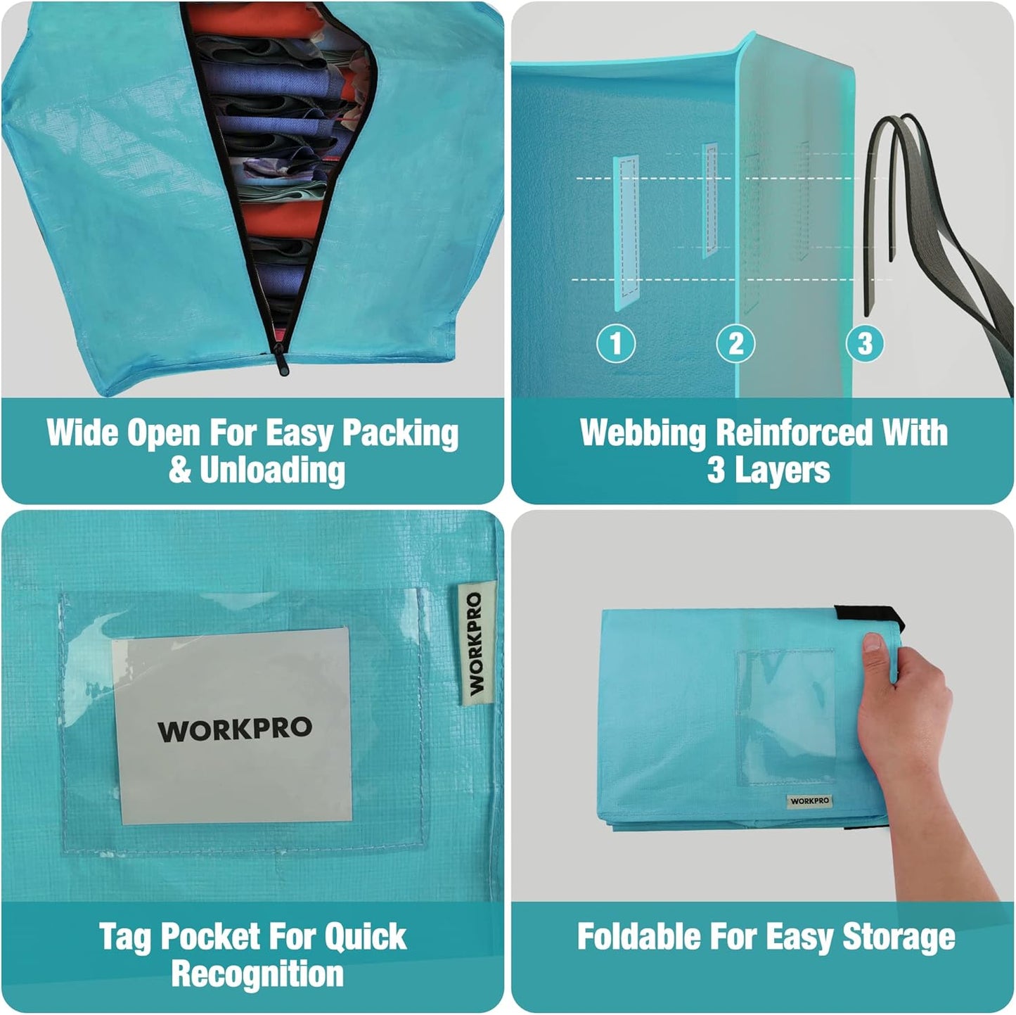 WORKPRO 6 Pack Extra Large Moving Bags with Zippers & Carrying Handles Backpack Straps, Heavy-Duty Storage Tote for Space Saving Moving Storage (Blue)