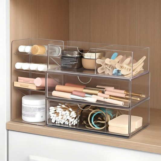 Kathfly 6 Pcs Medicine Cabinet Organizer Acrylic Stackable Clear Makeup Organizer with 2 Drawer 1 Storage Box 2 U Movable Partition and 1 Vertical Layered Storage Rack for Bathroom Cabinet Wall Vanity