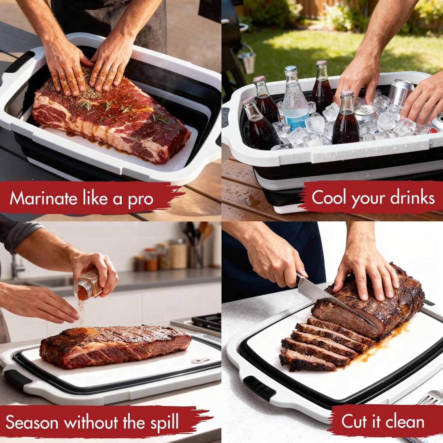 KITCHEN PERFECTION Collapsible XL Smoker & BBQ Prep Tub with Locking Lid & Cutting Board - Grill Caddy Container for Meat Marinating & Brine Perfect For Brisket, Turkey & Ribs - Best Gift For Men