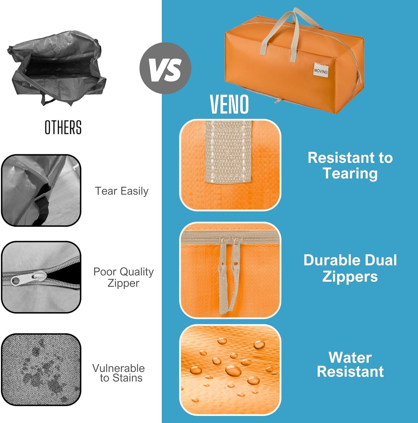 VENO 10 Pack Moving Bags w/Backpack Straps, Heavy Duty, Moving Boxes Alternative, Packing Supplies, Large Storage Totes for Dorm Room Essentials with Zipper (Seasonal Autumn Orange, 10 Pack)