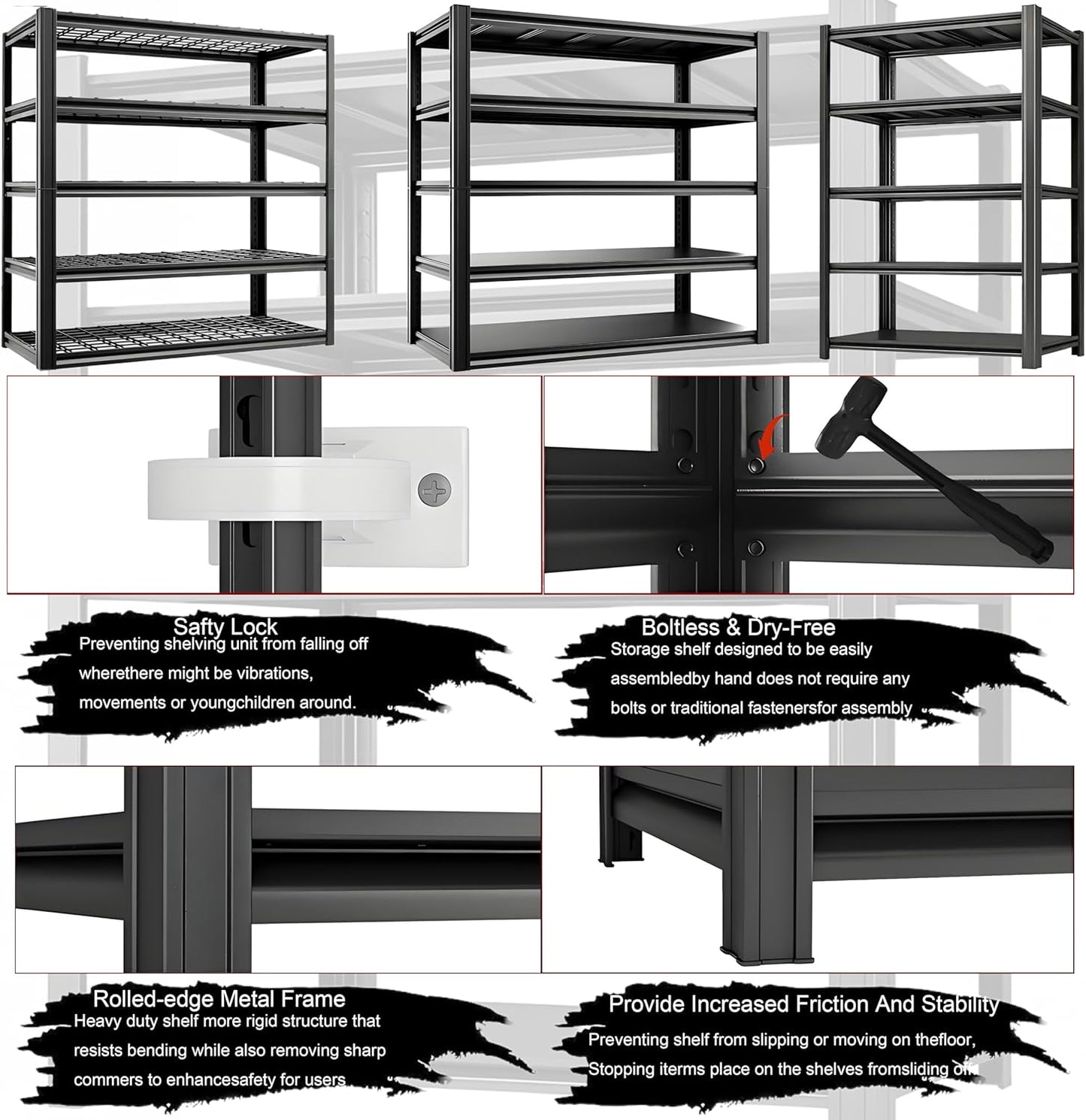 Industrial Storage Rack,Heavy-Duty Steel Shelving Unit,Multi-Purpose Garage Organization System Black 72" H x 35" W x 15.5" D 5-Tier