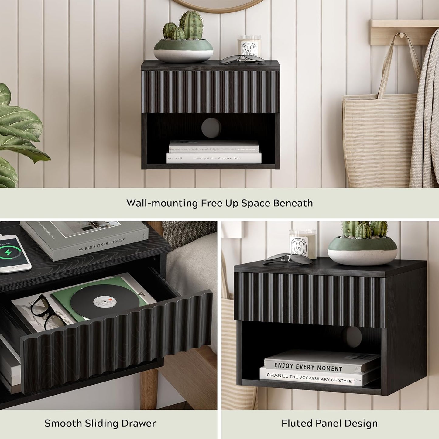Fluted Floating Nightstand Set of 2 with Drawer, Modern Night Stand with Fluted Door and Open Storage Shelf Wall Mounted Bedside Table for Bedroom, Entryway Black