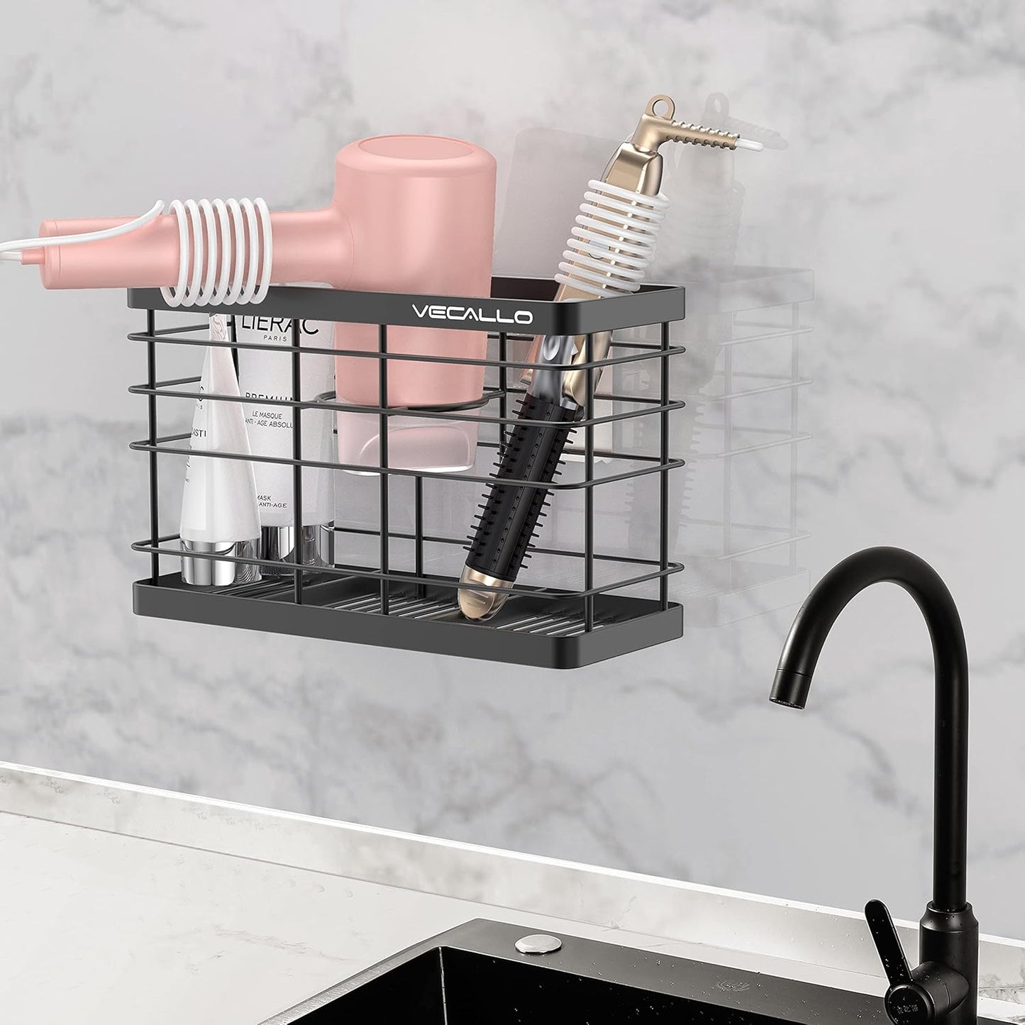 Hair Dryer Holder - Hair Tool Organizer Wall Mount/Adhesive Blow Dryer Holder/Curling iron holder Cabinet Door Bathroom Organizer for Hair Dryer, Curling Wands, Hair Straighteners Black