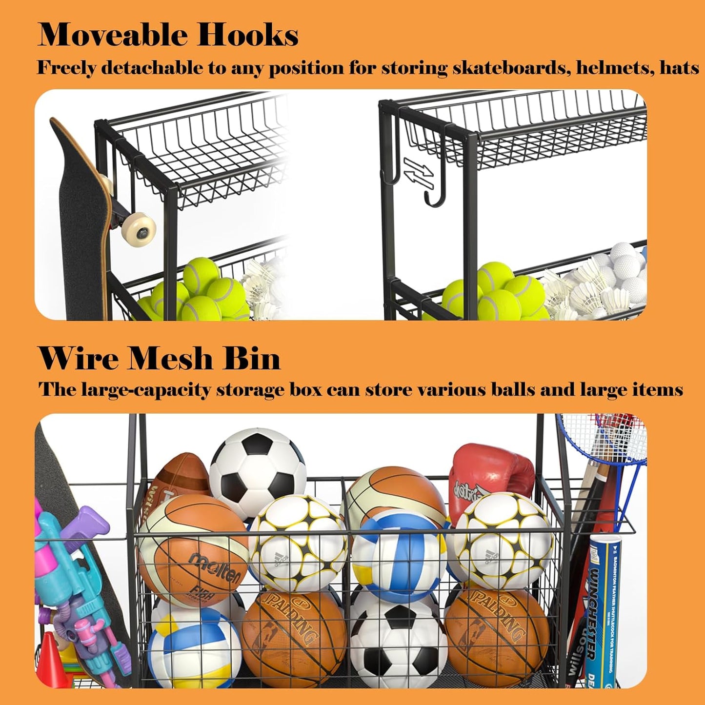 Sports Equipment Organizer, Garage Ball Storage Racks - Outdoor Toy Storage with 2 Side Racks & Removable Baskets, Heavy-Duty Garage Rolling Ball Cart with Wheels, Hooks for Sports Gear, Toys