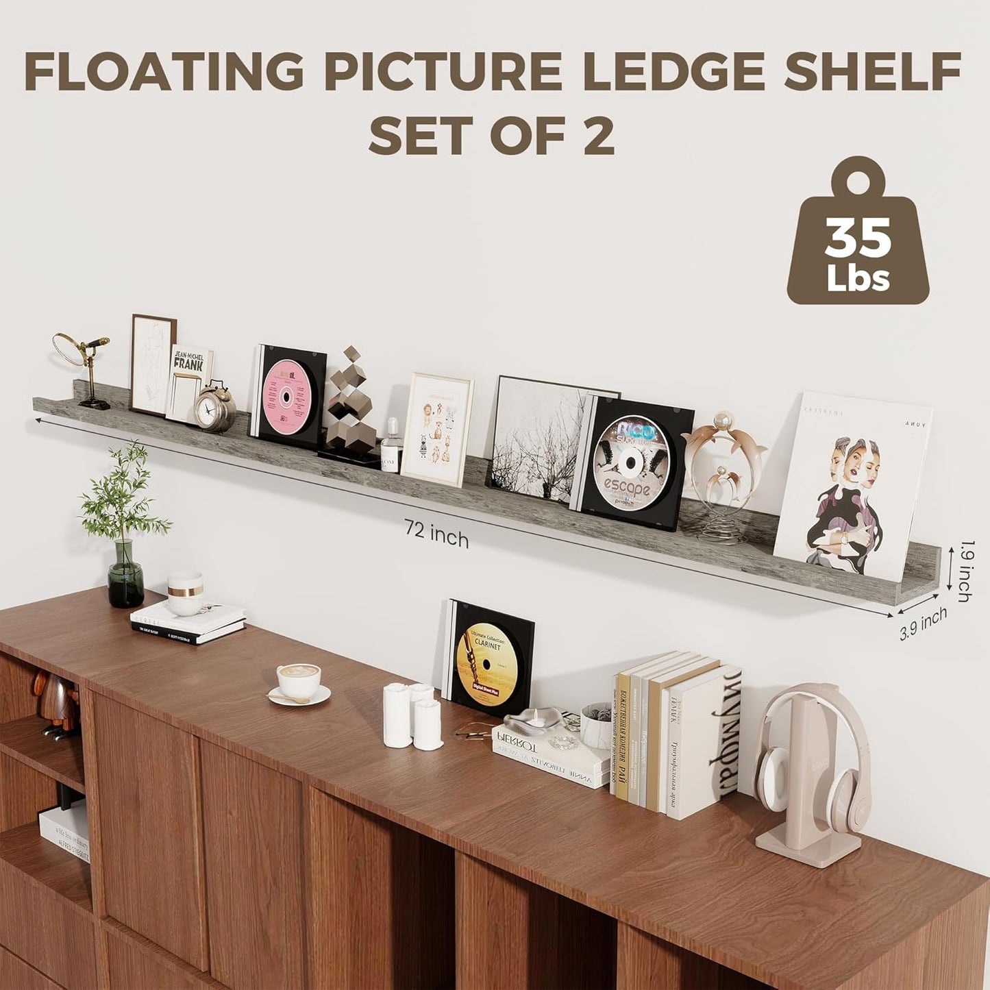 Axeman Grey Floating Shelves | 72 Inch Picture Ledge Shelf Set of 2 | Rustic Grey Picture Shelf for Wall with Ledge | Long Wall Shelves with Lip | Photo Ledge Shelves for Books Album Records