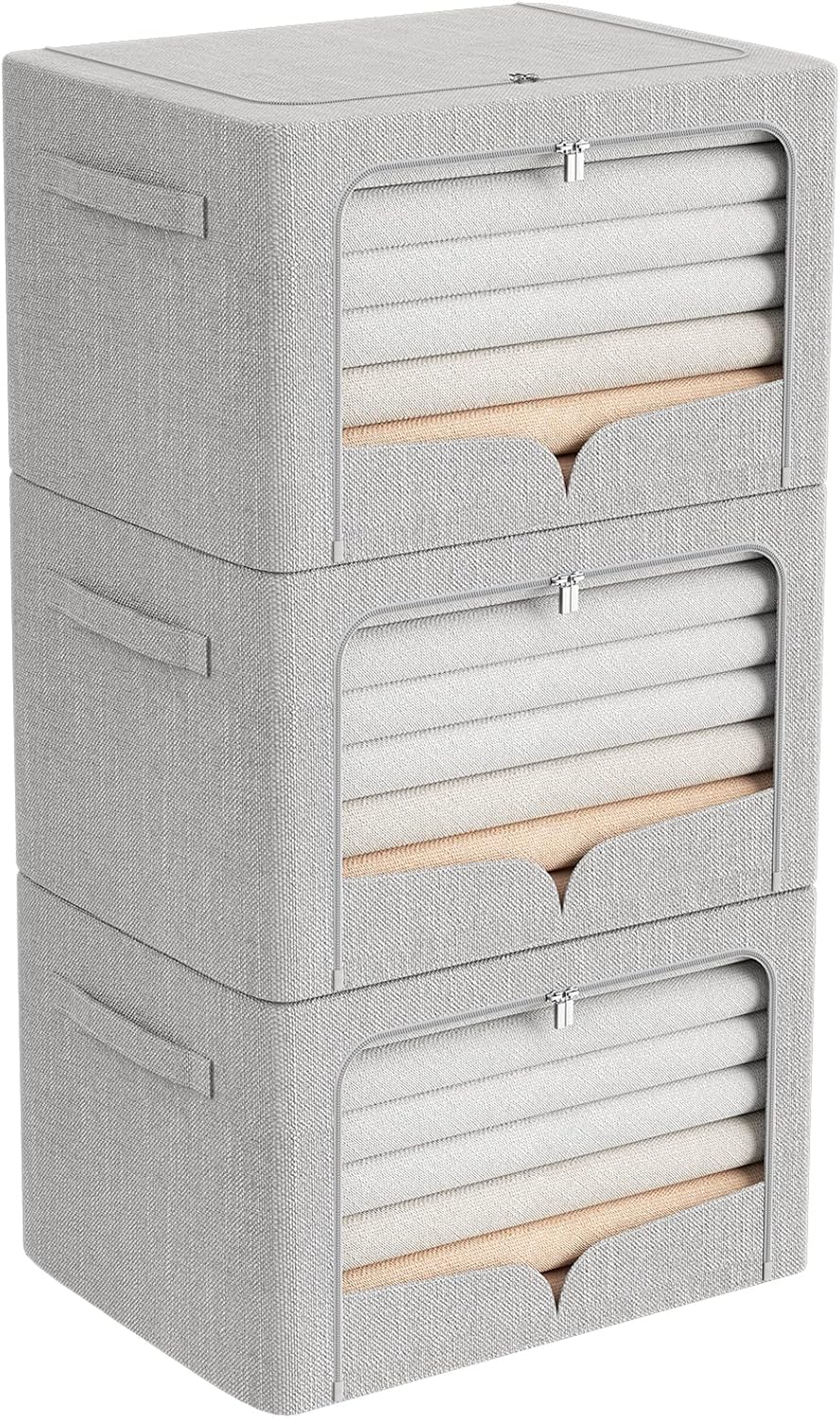 FHSQX 3 Pack Clothes Storage Bins Foldable Metal Frame Storage Box Extra Large Stackable Linen Fabric Organizer Set with Carrying Handles and Clear Window (Light Gray, 23.6x16.5x15.7inch(100L))