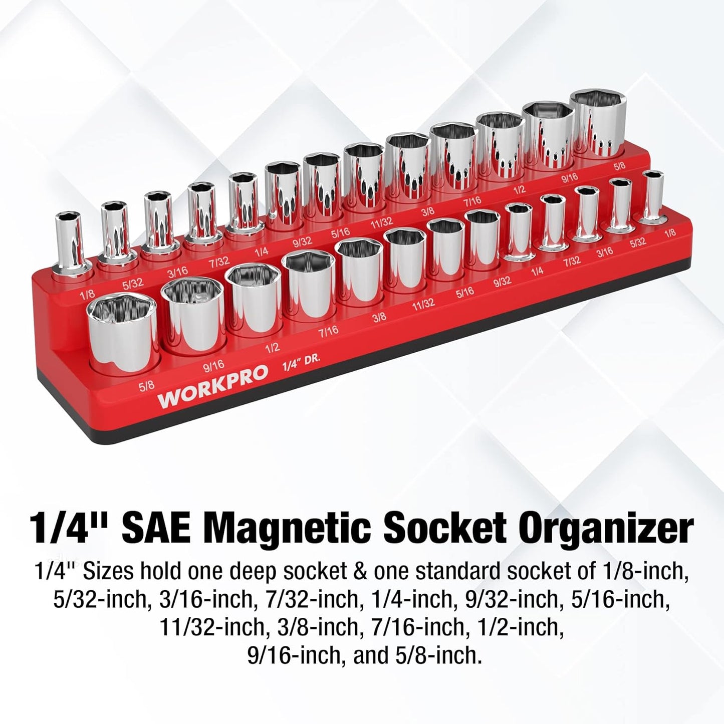 WORKPRO Magnetic Socket Organizer, 1/4-Inch SAE Socket Holder, Socket Trays Holds 26 Pieces Standard Size and Deep Size Sockets(Sockets not Included)