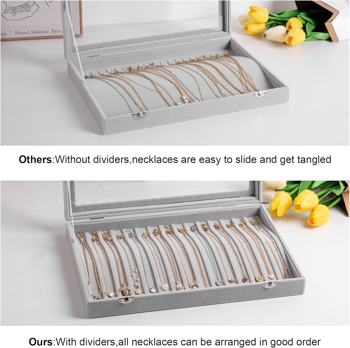 Frebeauty 15 Hooks Necklace Tray Velvet Neckalce Organizer with Clear Lid Lockable Necklace Holder Box Jewelry Organizer for Pendants Chains Necklace Jeweley Tray for Women (Purple)