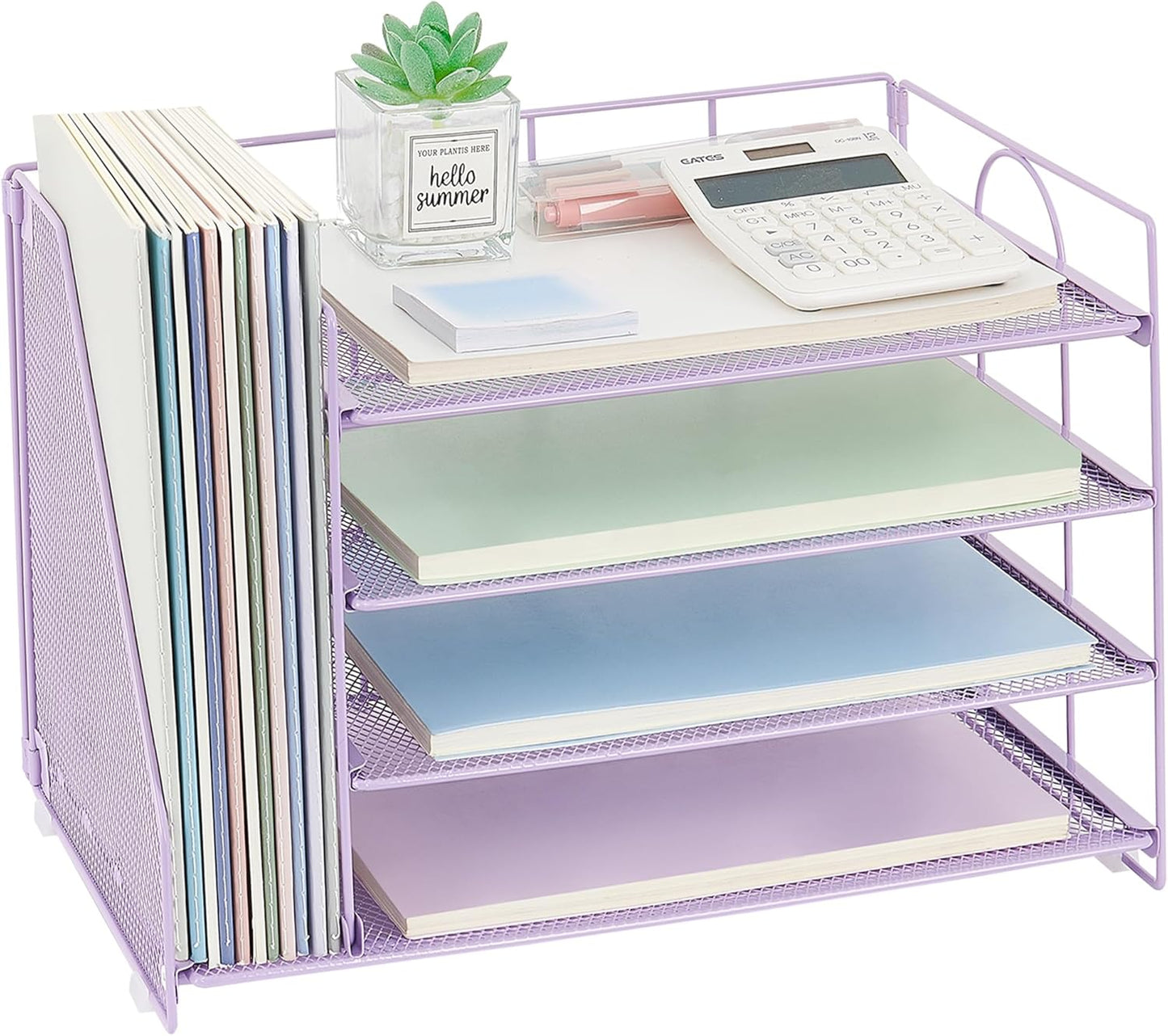OPNICE 4-Tier Paper Organizer with Magazine Holder, Desk Organizers and Accessories, Office Desk Accessories & Workspace Organizers, Desktop File Organizer for Office Supplies Storage, Purple