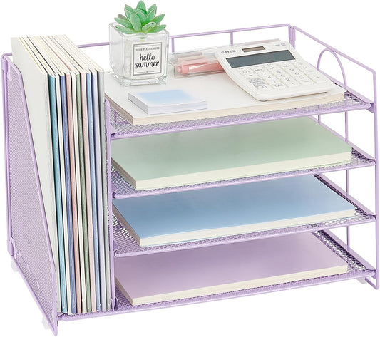 OPNICE 4-Tier Paper Organizer with Magazine Holder, Desk Organizers and Accessories, Office Desk Accessories & Workspace Organizers, Desktop File Organizer for Office Supplies Storage, Purple