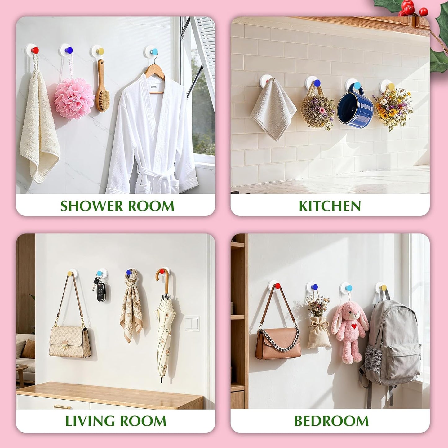 Suction Cup Hooks for Shower No-Drill Bathroom Hooks for Towels, Robes, Loofah Mountable on Bathroom Walls, Kitchen, Glass, Mirrors, Tile and Smooth,Non-Porous Surfaces (2, Klein Blue White)