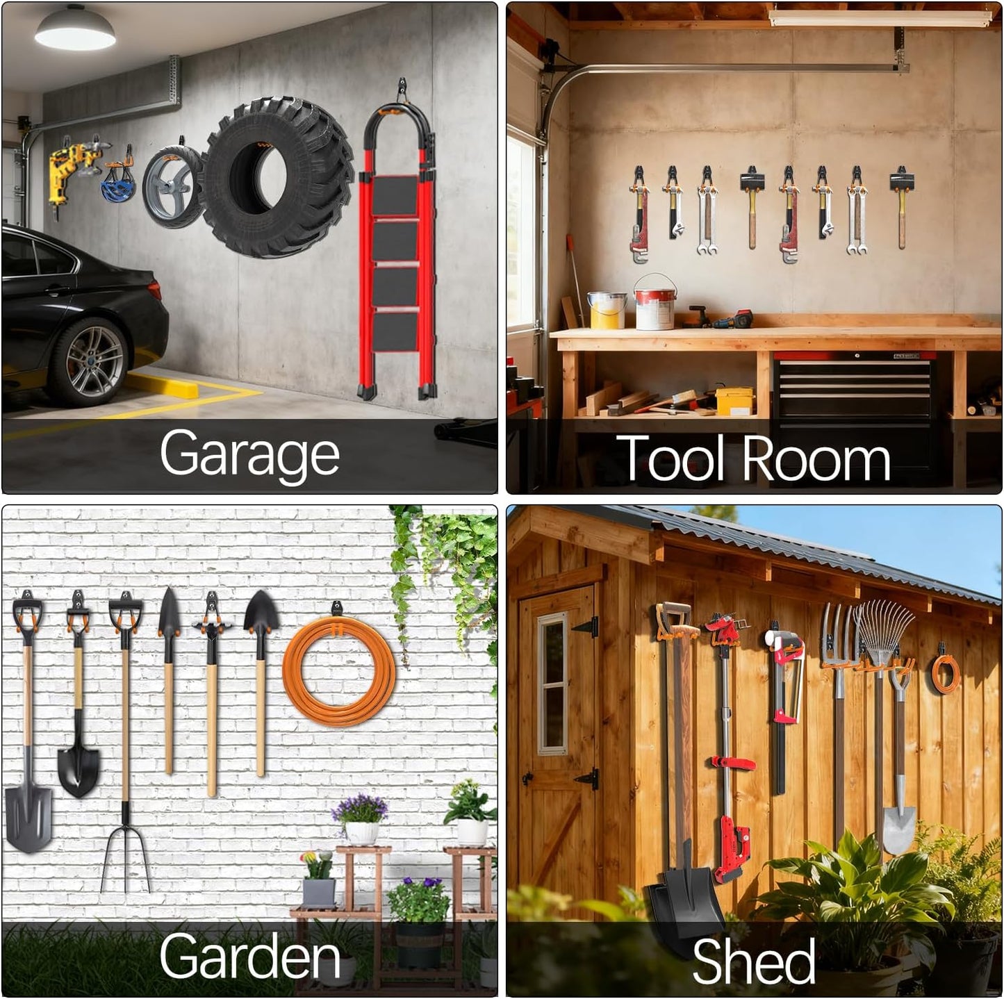 3-H Garage Wall Hooks 14 Pack, Garage Hooks Heavy Duty with Extra Welding Spots, Wall Mount Storage Organizer for Hanging Garden Lawn Tools Ladder Bike WeedEater Chair Shovel Blower (Orange)