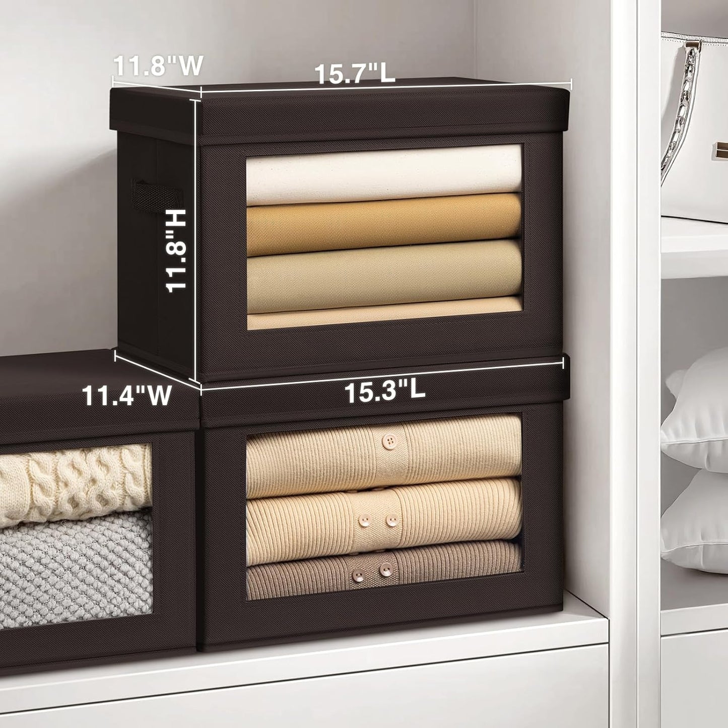 Stackable Storage Bins with Lids - Large Storage Box with Lids, Foldable Closet Boxes for Organizing, Wardrobe Clothes Organizer with Window, Cubes Bins for Living Room, 6 Pack, Brown