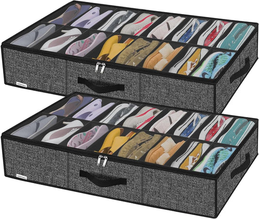 Onlyeasy Sturdy Under Bed Shoe Storage Solution Organizer For Closet Fit 16x2 Pairs, Underbed Shoes Container Bags with Reinforced Handles, Breathable, Linen-like Black, MXAUBS16P2