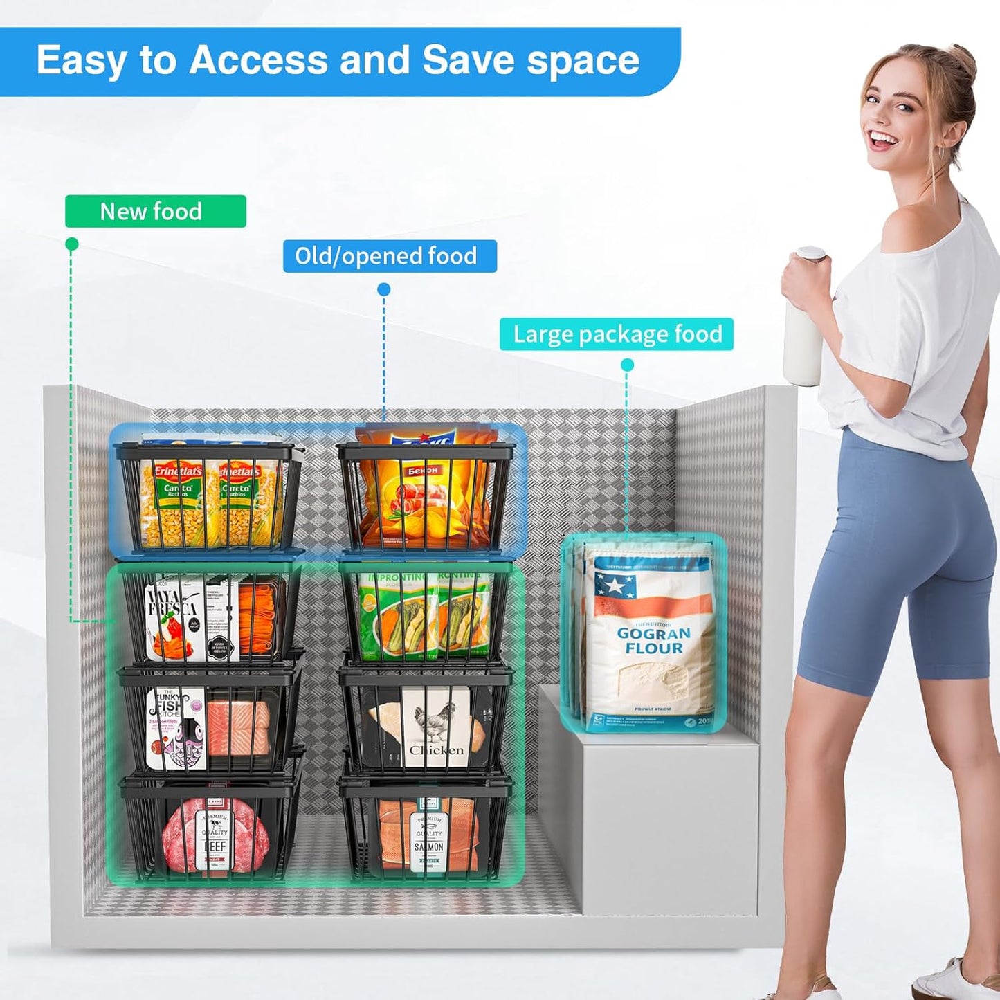 Freezer Organizers bins with Folding Handles，4 Pack Stackable Upright Freezer Organizers baskets for 5-7 Cu.Ft Deep Freezer Storage, Increased Space for Food Storage, Easy to access，Black