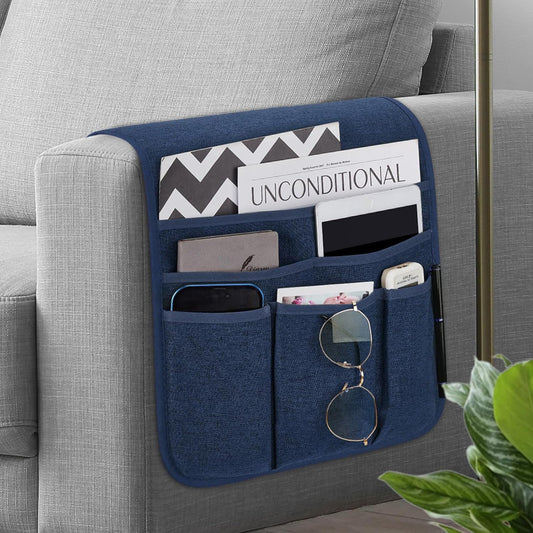 Teniux Remote Control Holder Armchair Caddy for Recliner Couch, Non-Slip Armrest Organizer with 5 Pockets for Magazine, Tablet, Phone, iPad (Blue)
