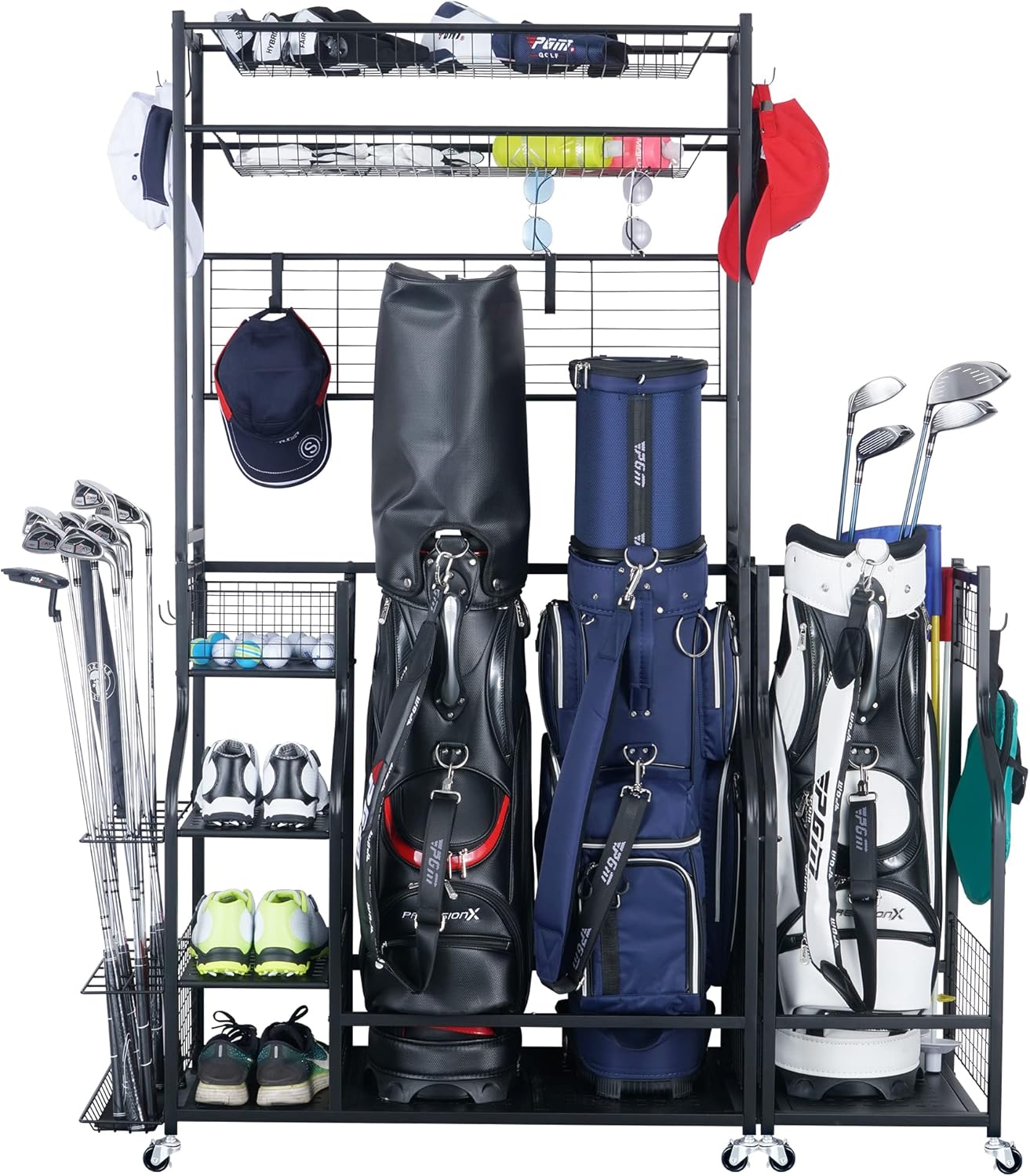 Mythinglogic Golf Bag Storage Garage Organizer,2 Golf Bags Storage Stand and Golfing Equipment Accessories Storage Rack with 4 Removable Hooks, Extra Golf Clubs Display Rack