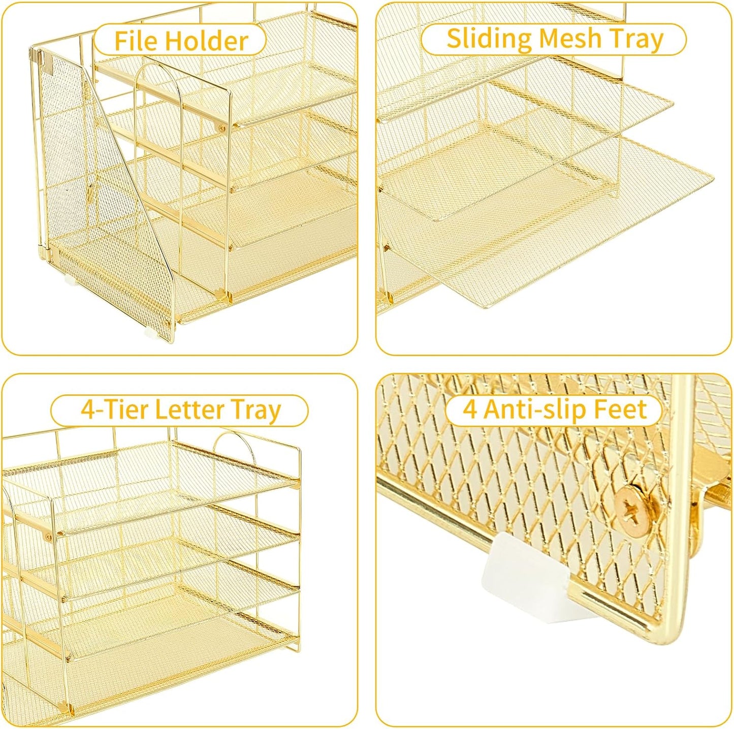 OPNICE 4-Tier Paper Organizer with Magazine Holder, Desk Organizers and Accessories, Office Desk Accessories & Workspace Organizers, Desktop File Organizer for Office Supplies Storage, Gold