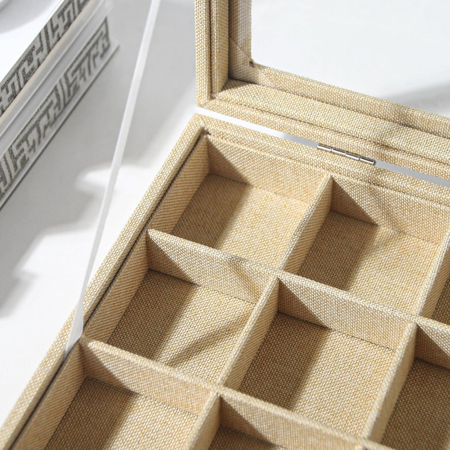 Coward Jewelry Organizer Box, Yellow Linen 24 Grids Ring Earring Jewelry Display Tray Case with Transparent Glass Lid for Home Drawer or Shop Selling