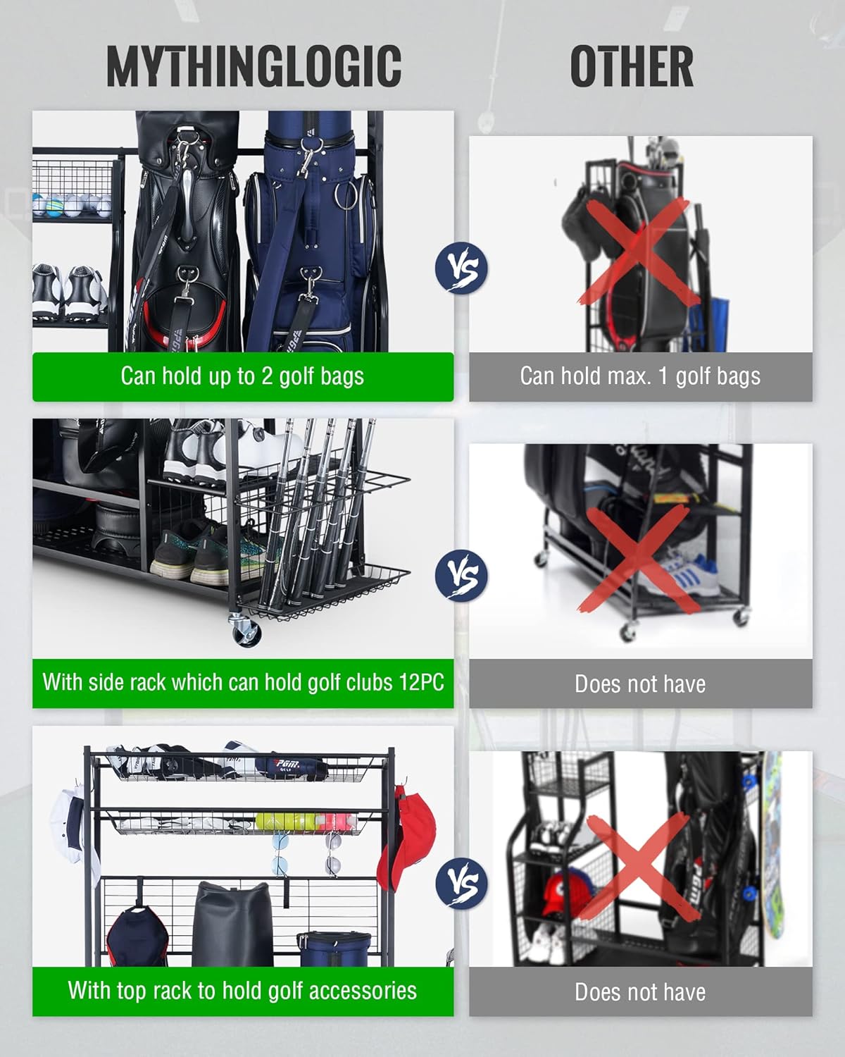 Mythinglogic Golf Bag Storage Garage Organizer,2 Golf Bags Storage Stand and Golfing Equipment Accessories Storage Rack with 4 Removable Hooks, Extra Golf Clubs Display Rack