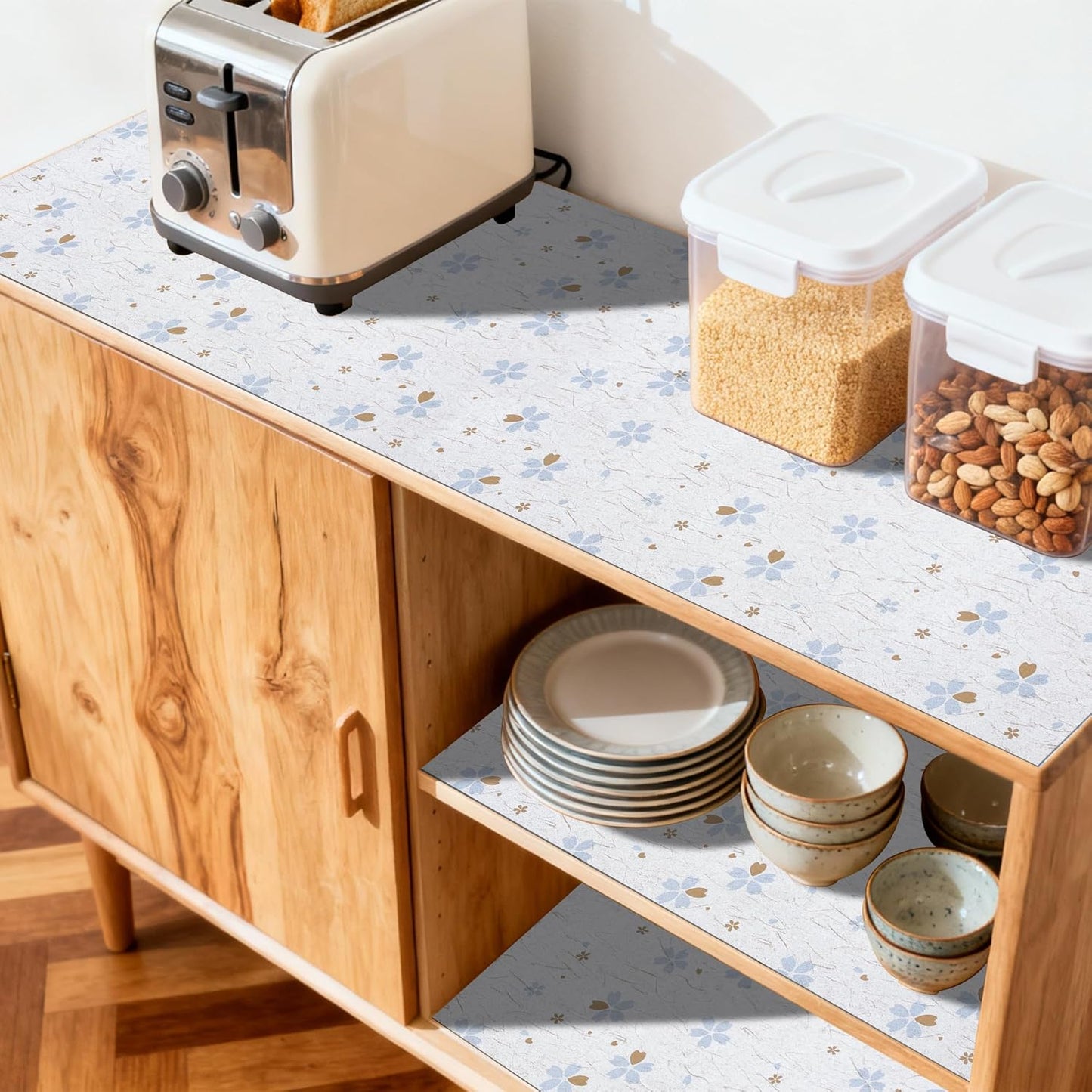 FIFTY FEET 18"x96" Non-Adhesive Shelf Liner for Kitchen Cabinets and Drawers, Washable Non-Slip PVC Cabinet Liner (White Floral)(1 Roll)