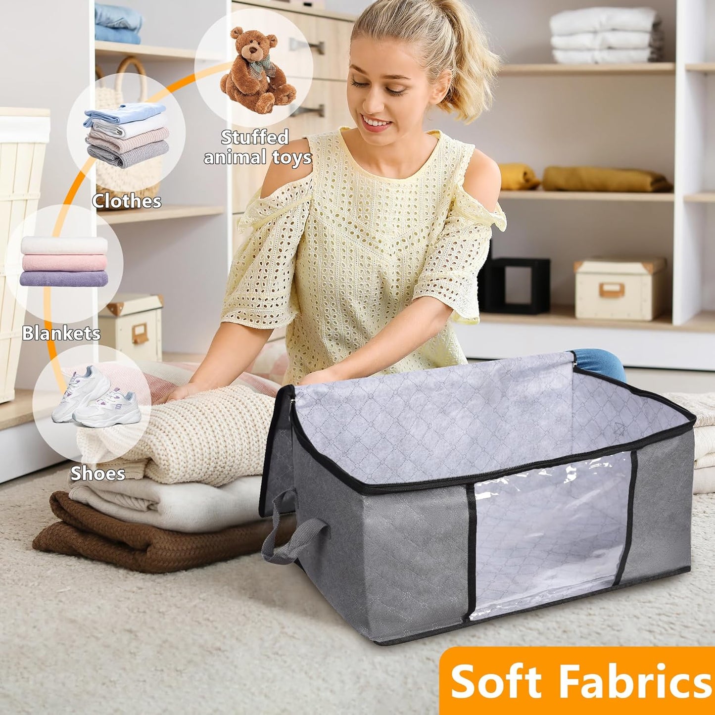 3 Pack Clothes Storage Bags with Zipper, 45L Foldable Blanket Storage Box with Clear Window Sturdy Handles for Closet, Dorm, Pillows, Bedding, Sheet, Comforter, Gray