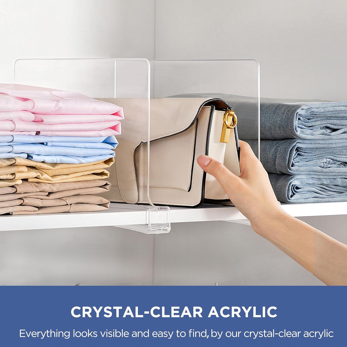 HBlife 1 Pack Clear Shelf Dividers, Vertical Purse Organizer for Closet Perfect for Sweater, Shirts, Handbags in Bedroom and Kitchen, Adjustable Acrylic Bookshelf for Organization