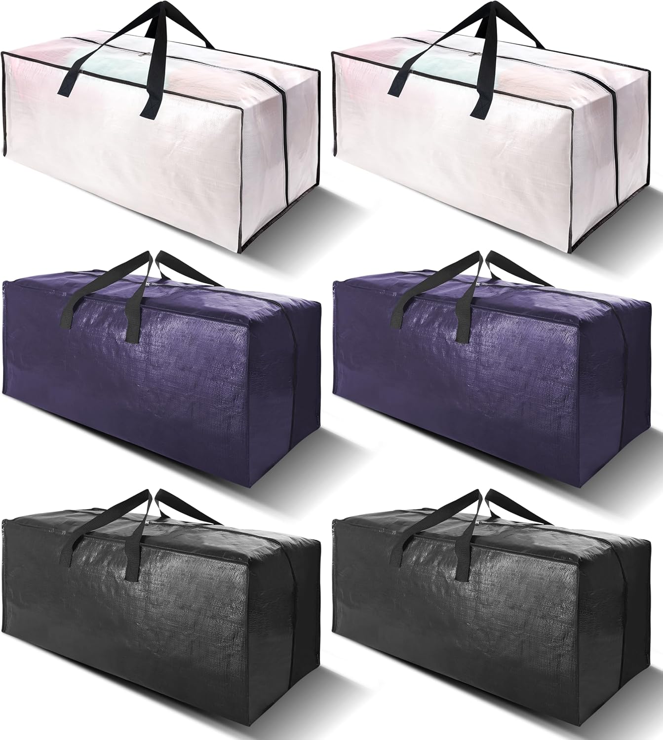 6 Pack Heavy Duty Extra Large Moving Bags W/Backpack Straps - Strong Handles & Zippers, Storage Totes For Space Saving, Fold Flat, Alternative to Box and Bin (40 gal, Semi-Transparent+Blue+Black)