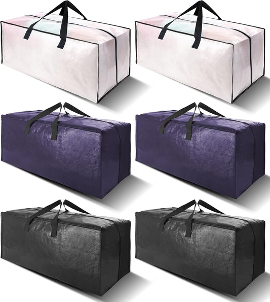 6 Pack Heavy Duty Extra Large Moving Bags W/Backpack Straps - Strong Handles & Zippers, Storage Totes For Space Saving, Fold Flat, Alternative to Box and Bin (40 gal, Semi-Transparent+Blue+Black)