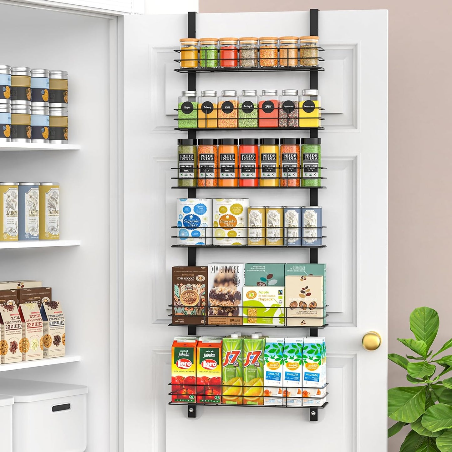 6-Tier Over The Door Spice Rack, Large-Capacity Adjustable Hanging Pantry Organizer 3 Size Baskets, No-Sway No-Drill Door Mount, Heavy-Duty Rustproof Steel, 15.75″ Wide, Black