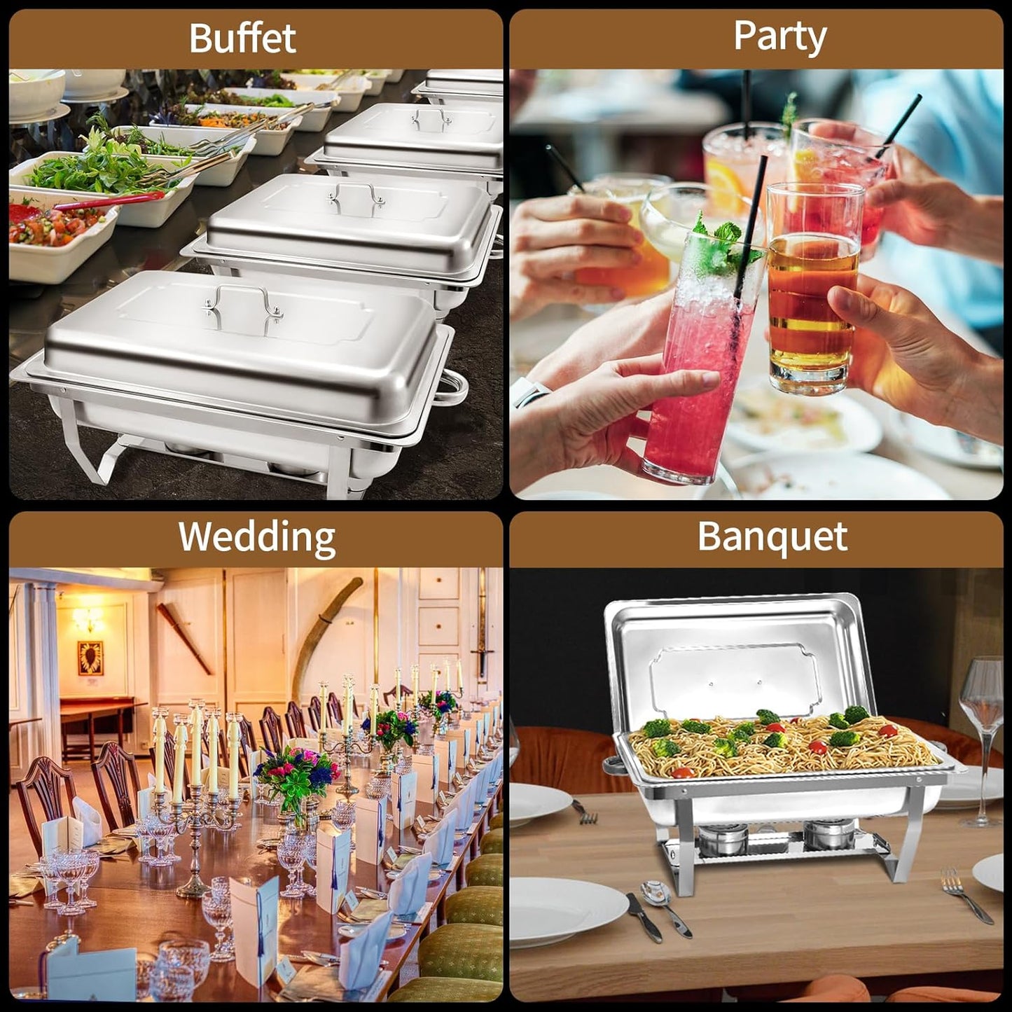 8 Qt 5 Pack Full Size Chafing Dishes Buffet Set, Silver Stainless Steel Rectangular Catering Chafer Warmer Set with Trays Pan Lid Folding Frame Stand for Kitchen Party Banquet Dining