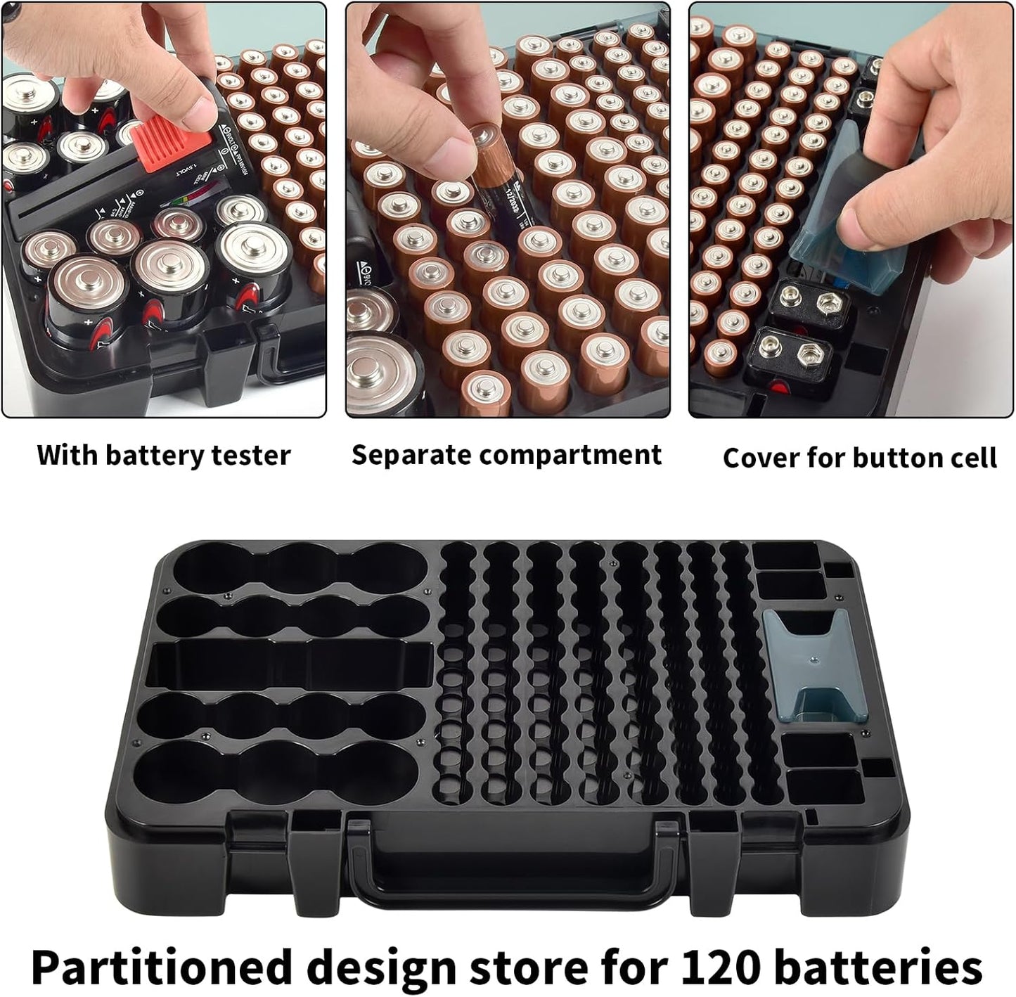 Battery Organizer with Tester, Battery Box Holder for 120+ AA AAA C D 9V 3V Lithium LR44 CR2 CR123 CR1632 18650 Batteries with Wall-Mounted Design (Black)