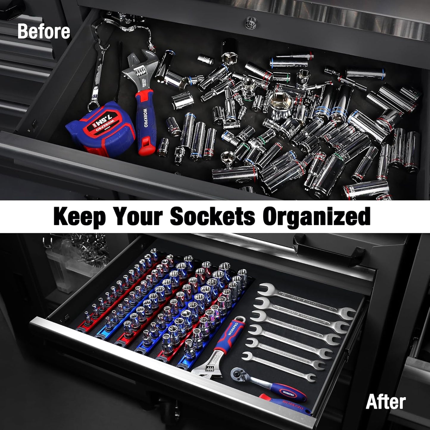 WORKPRO Magnetic Socket Organizer - 6-Piece Aluminum Alloy Socket Rail, Heavy Duty Socket Holder - Set: 1/4-Inch x 12 Clips, 3/8-Inch x 10 Clips, 1/2-Inch x 10 Clips
