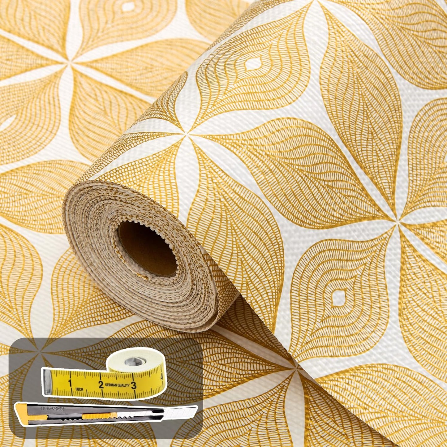 Shelf Liners for Kitchen Cabinets 23.62in x 20FT, Non Adhesive Cabinet Liner Strong Non-Slip Golden Leaf Drawer Liner, Easy to Clean for Shelf, Cabinet with Knife and Tape Measure