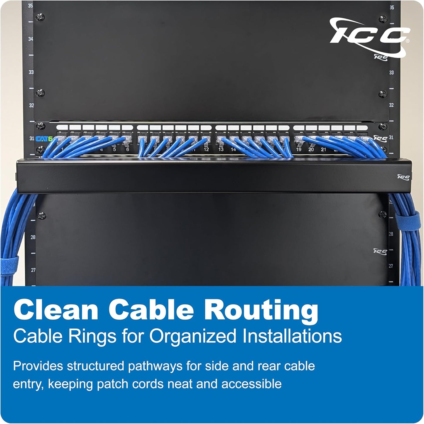 ICC 1U Ring Cable Manager Panel with Cover, Metal, 3" D-Rings, Horizontal and Vertical Cable Management, Rackmount for 19” Network Racks, Black, Single Pack