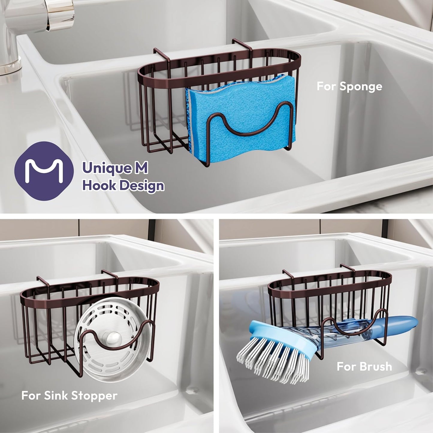 SWTYMIKI Sponge Holder for Kitchen Sink - Movable Kitchen Sink Caddy with M Shape Hook, Stainless Steel Hanging Sponge Caddy for Dish Sponge, Brush, Stopper Organizer in Double Bowl Sink, Bronze
