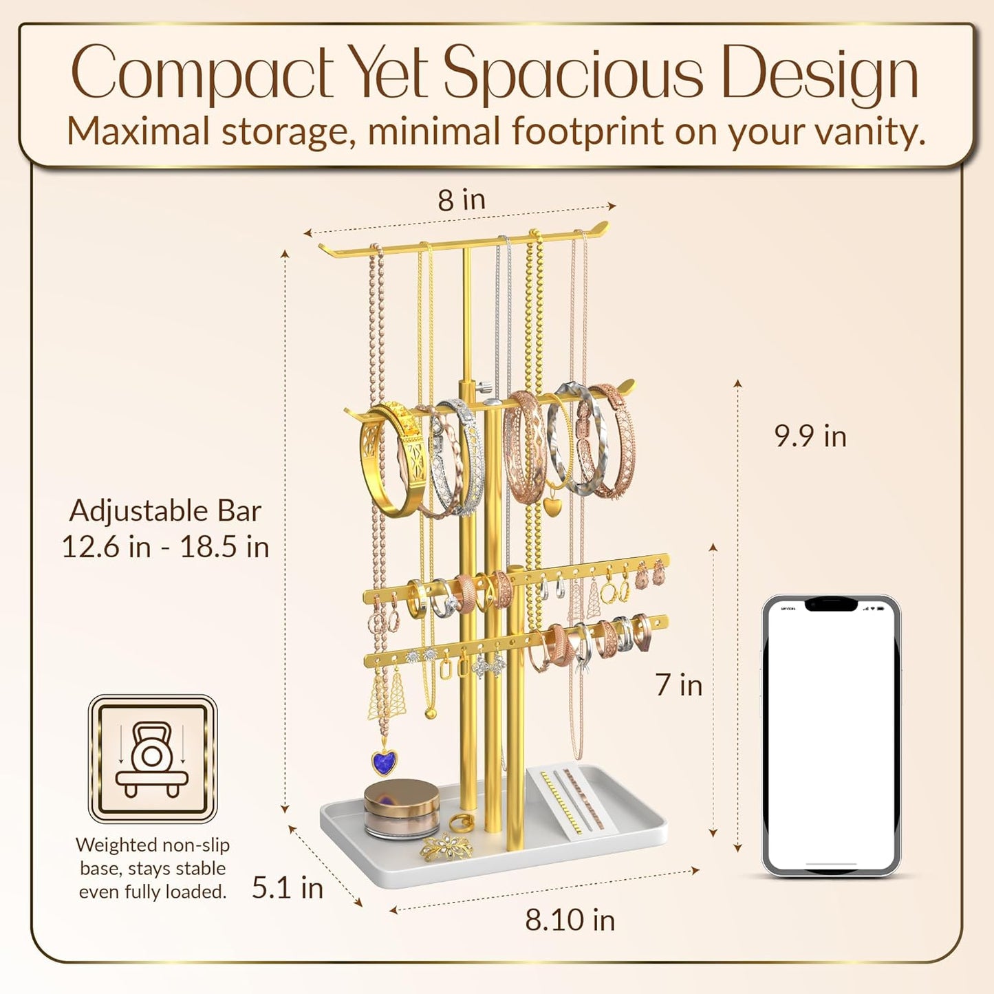 Jewelry Tower Stand Organizer for Women - Elegant Jewelry Holder Display with Necklace Holder, Earring Organizer & Bracelet Rack - Tabletop Jewelry Stand for Dresser, Vanity, Desk