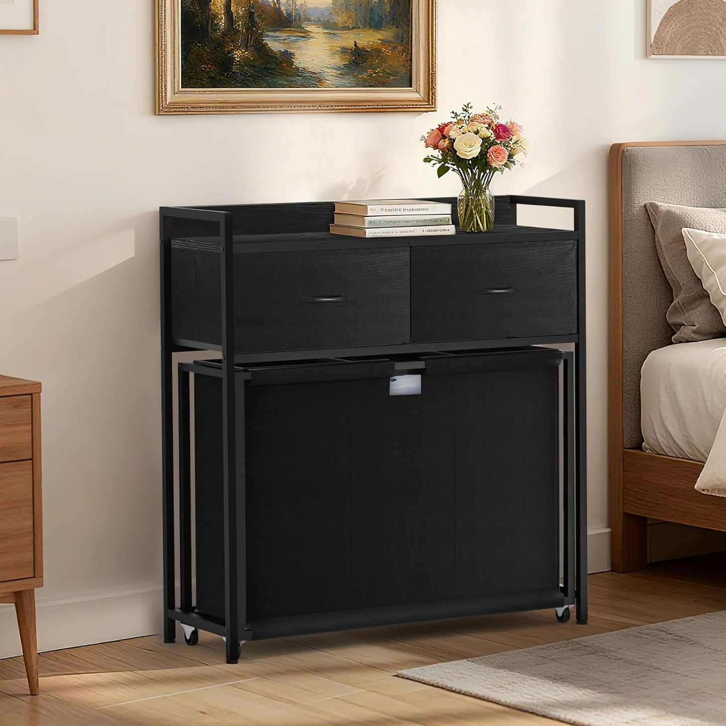 Laundry Hamper with 3 Section Rolling Bags, Laundry Sorter with Wheels, Laundry Basket with 2 Drawer for Laundry Room (Charcoal Black)