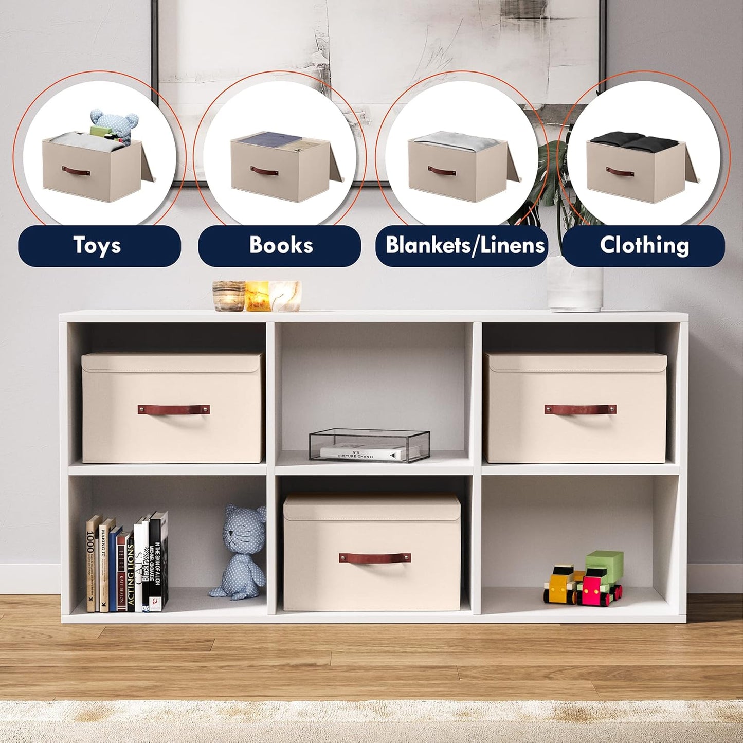 Ornavo Home 6 Pack Collapsible Storage Bins with Lid, Foldable Linen Fabric Shelf Storage Basket Closet Organizer and Large Storage Box for Clothes with Leather Handles, 15 x 10 x 9, Beige