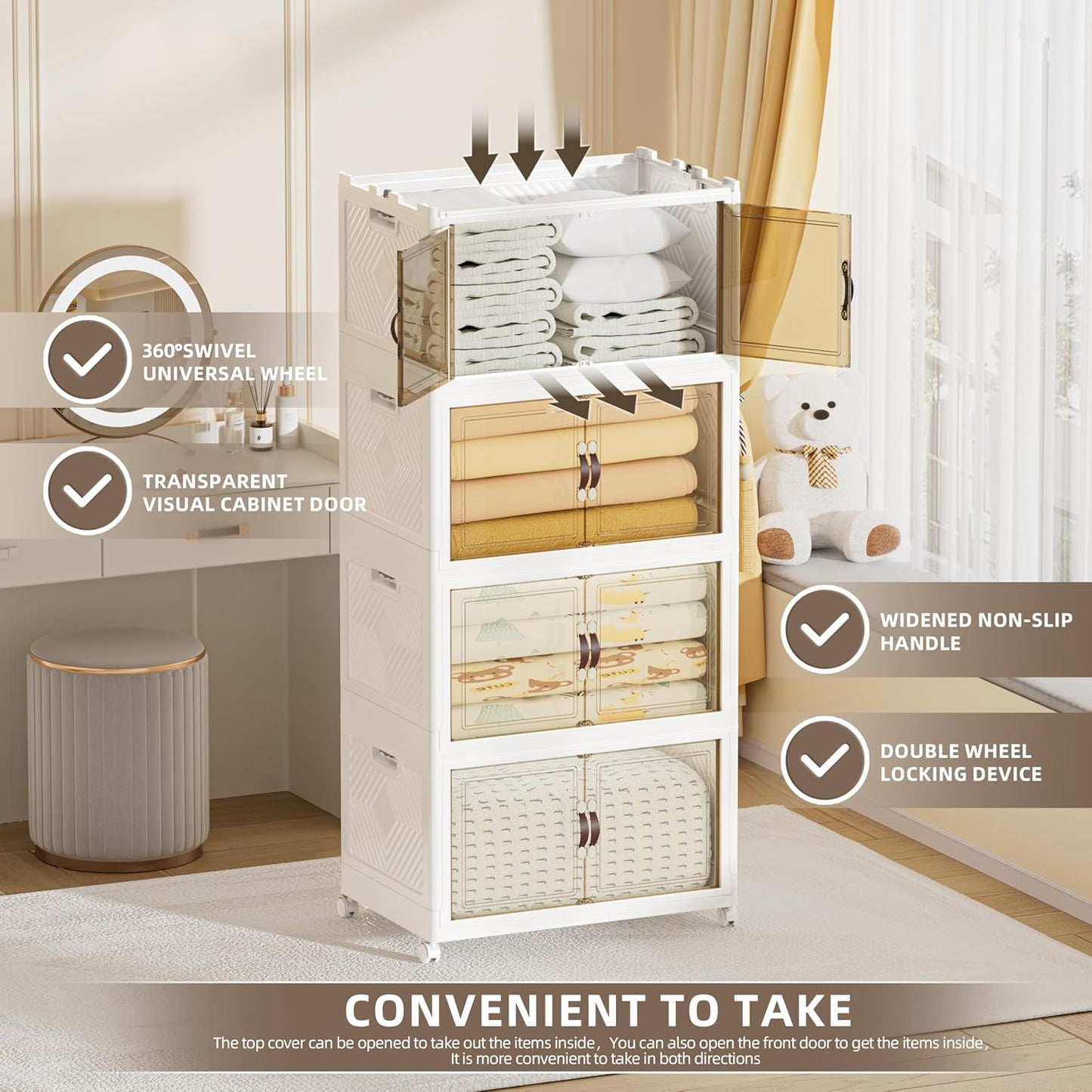416 QT / 104 Gal Large Foldable Stackable Plastic Storage Cabinet with Double Magnetic Doors, Leather Handles & 4 Wheels - Organize Home, Office, Closet