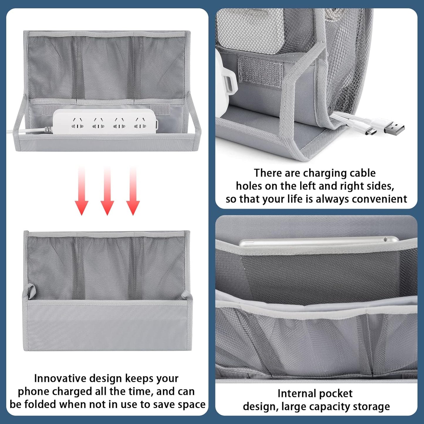 Bedside Storage Organizer with Power Strip Holder and Adjustable Straps Bed Hanging Bag for Home Bunk Bed Dorm Sofa (Light Gray)