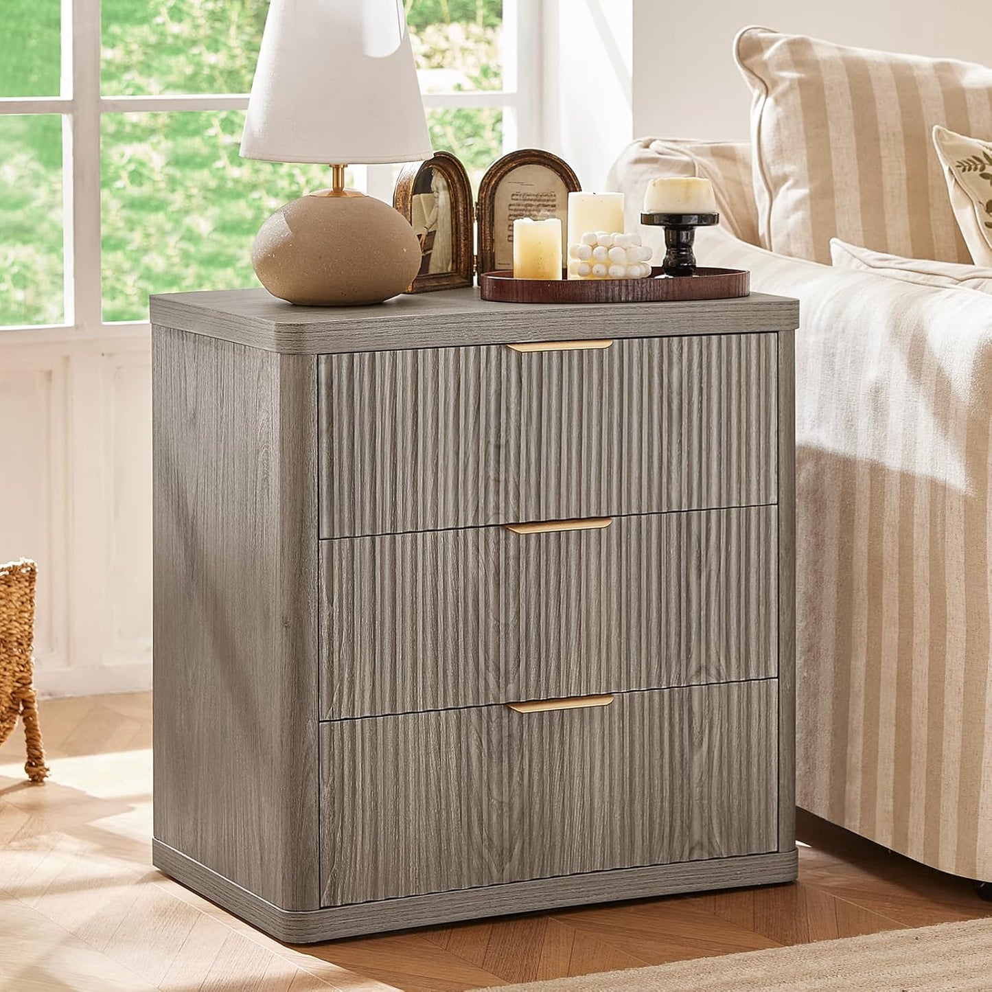 LEYAOYAO 23" Wide Fluted Farmhouse Night Stand Set of 2 with Charging Station, 3 Drawers Large End Table w/Metal Handle,Grey Nightstand Bedside Table,Wood Dresser for Bedroom, Closet