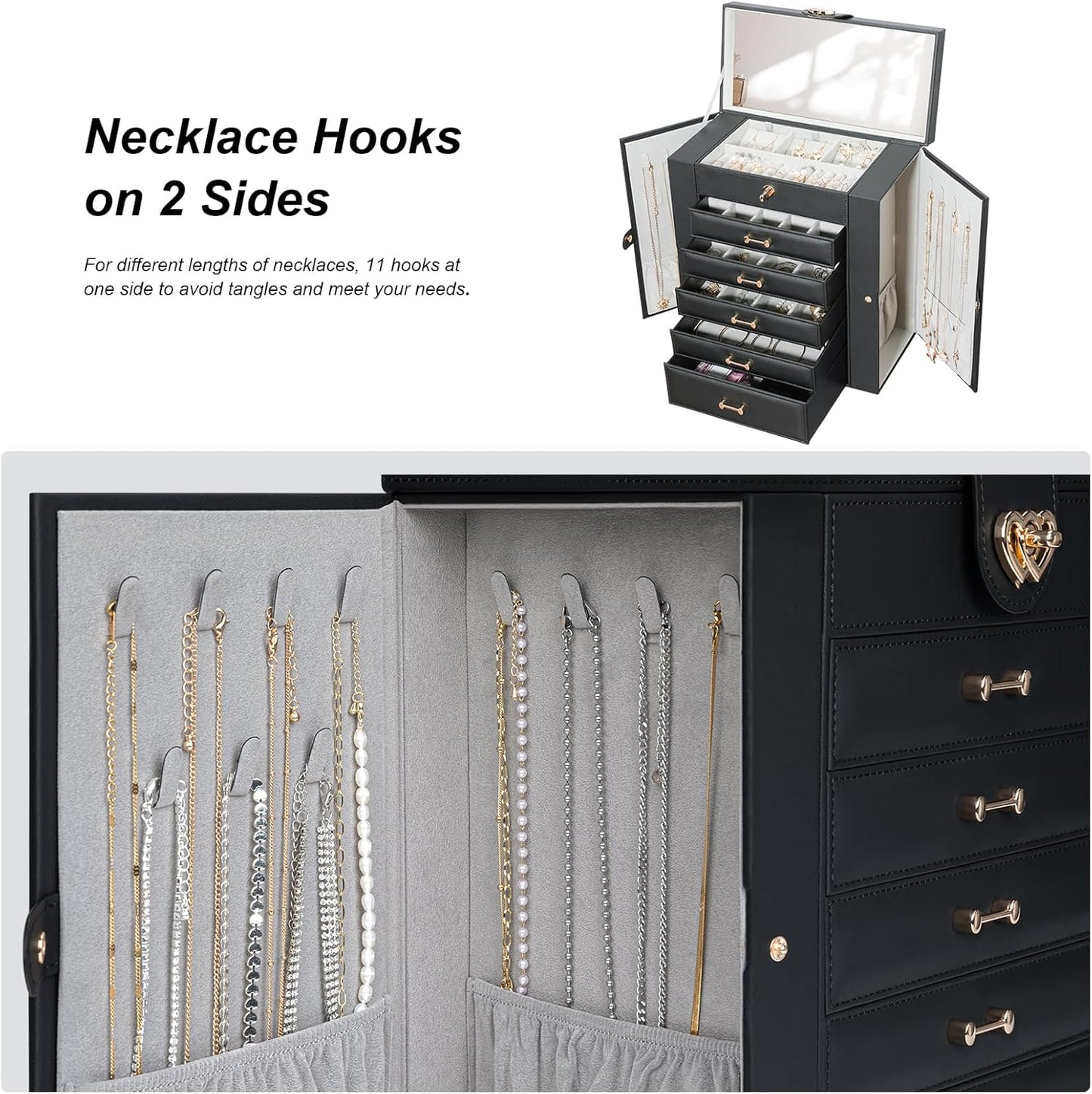 Large Jewelry Organizers and Storage, Large Jewelry Box for Women Large Jewelry Organizer, Women Jewelry Box with Mirror, Best Women Gift, Black