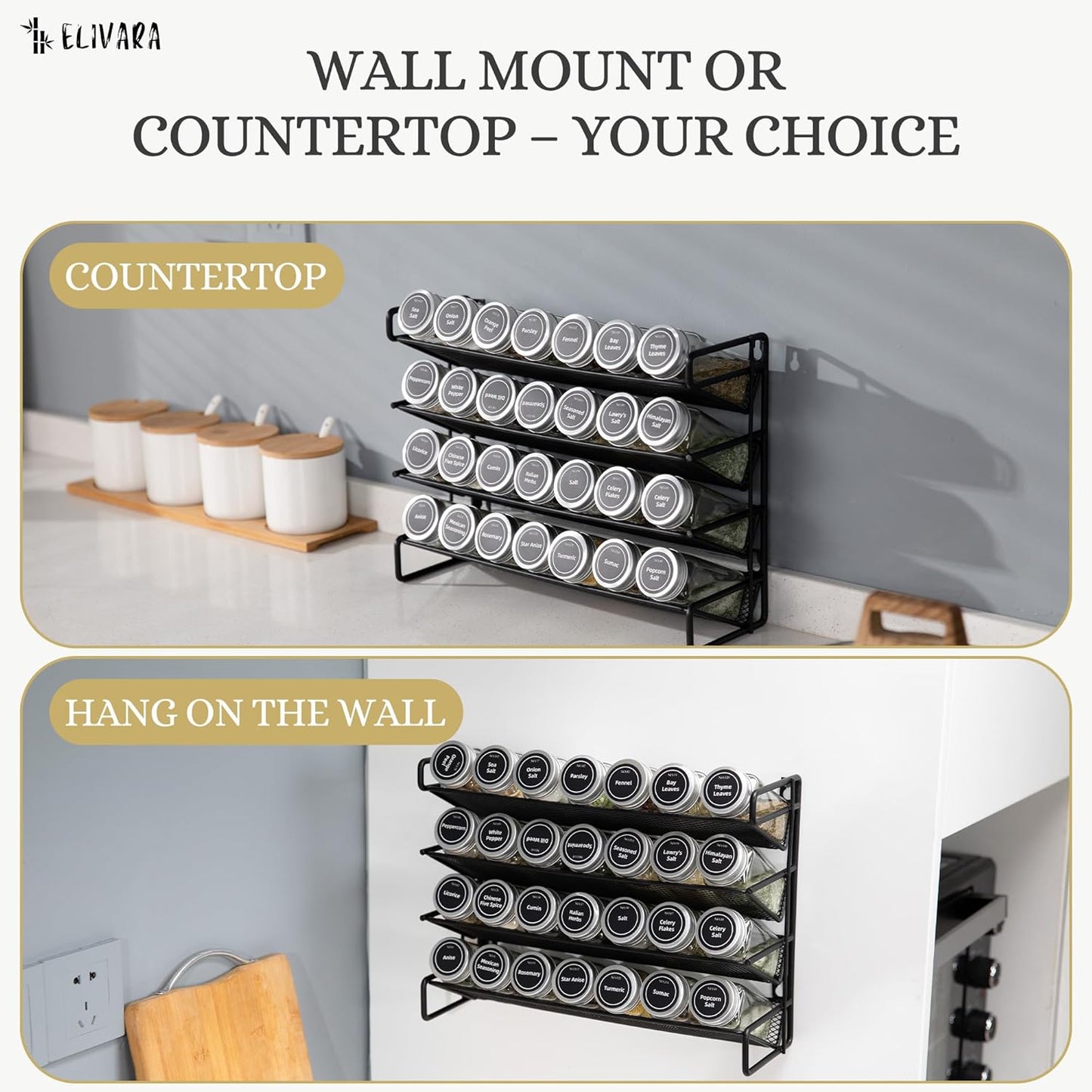 4-Tier Spice Rack Organizer Set – Wall Mounted or Countertop – Includes 28 Glass Spice Jars, 386 Spice Labels, Funnel, and Chalk Marker – Kitchen Spice Storage Solution