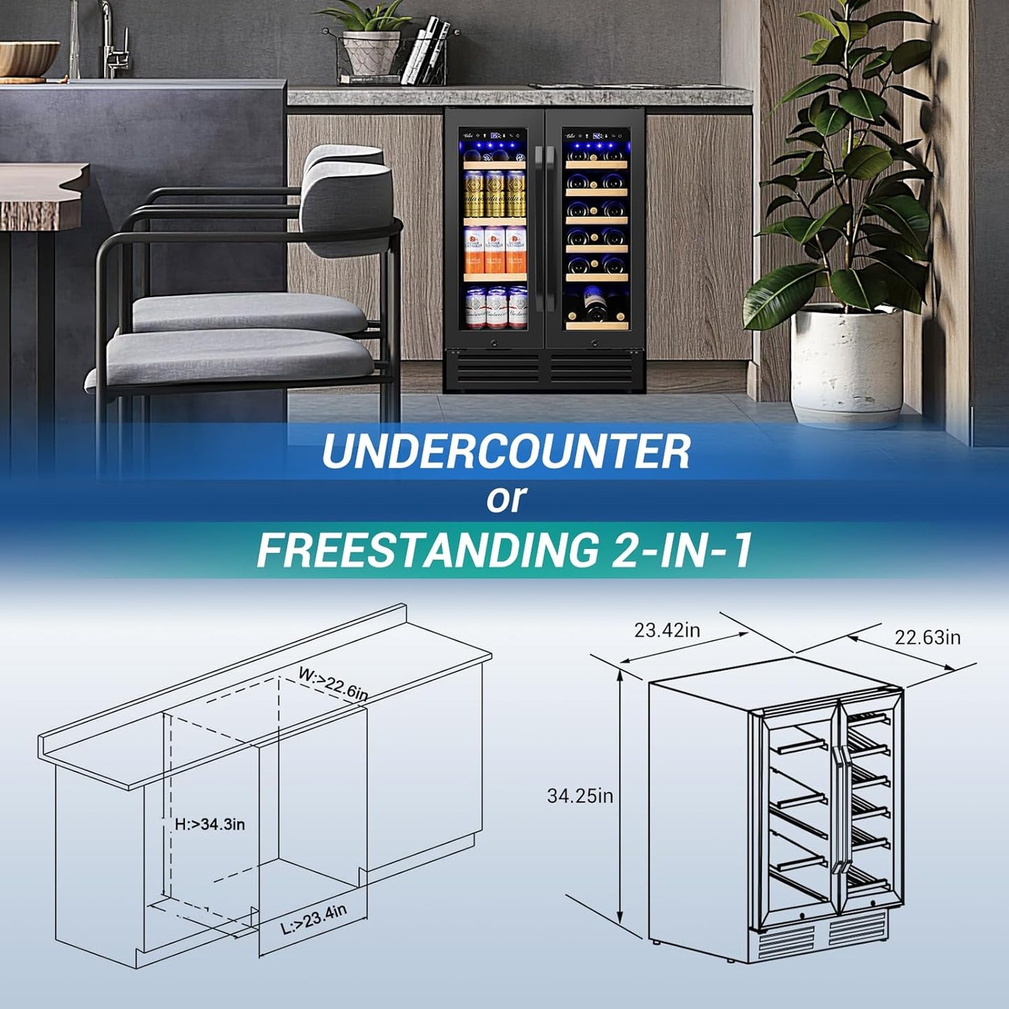 Wine and Beverage Refrigerator Black, 24 Inch Beverage Cooler Under Counter Dual Zone with Glass Door&Lock, 18 Bottles and 68 Cans Large Capacity for Beer Soda Drink, Built-In or Freestanding Fridge