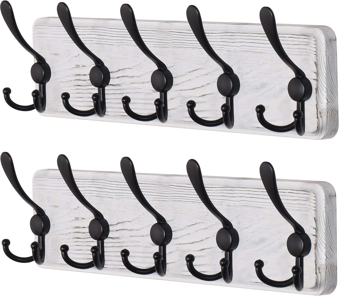 Dseap Coat Rack Wall Mounted - 5 Tri Hooks, Heavy Duty, Wooden Wall Coat Hanger Coat Hook for Clothes Hat Jacket Clothing, White & Black, Pack of 2
