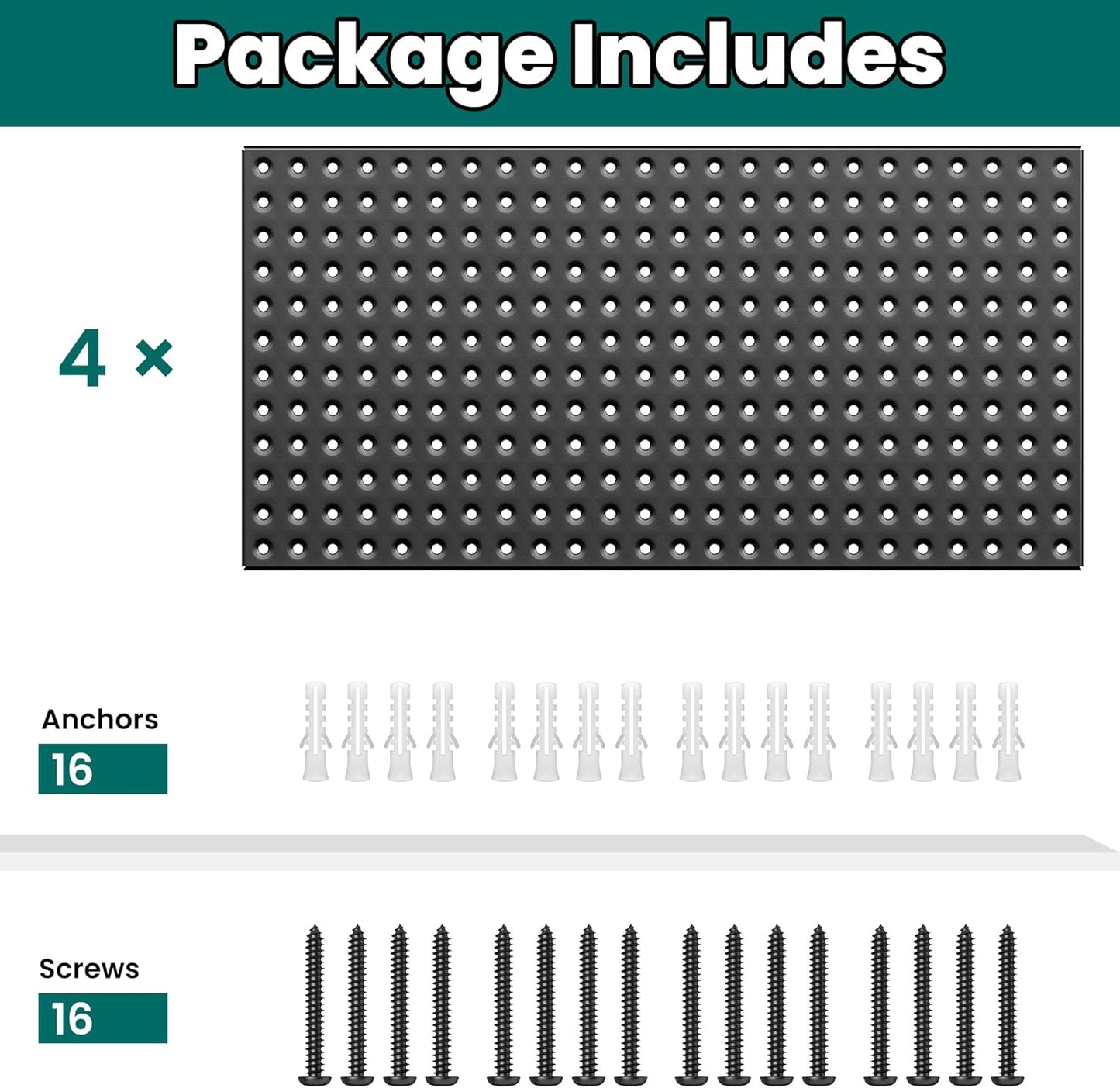 EVERHANGER Metal Pegboard Panels 24" x 12", Heavy Duty Steel Peg Boards for Garage, Pegboard Wall Organizer for Tool Storage and Organization, Black, 4 Pack