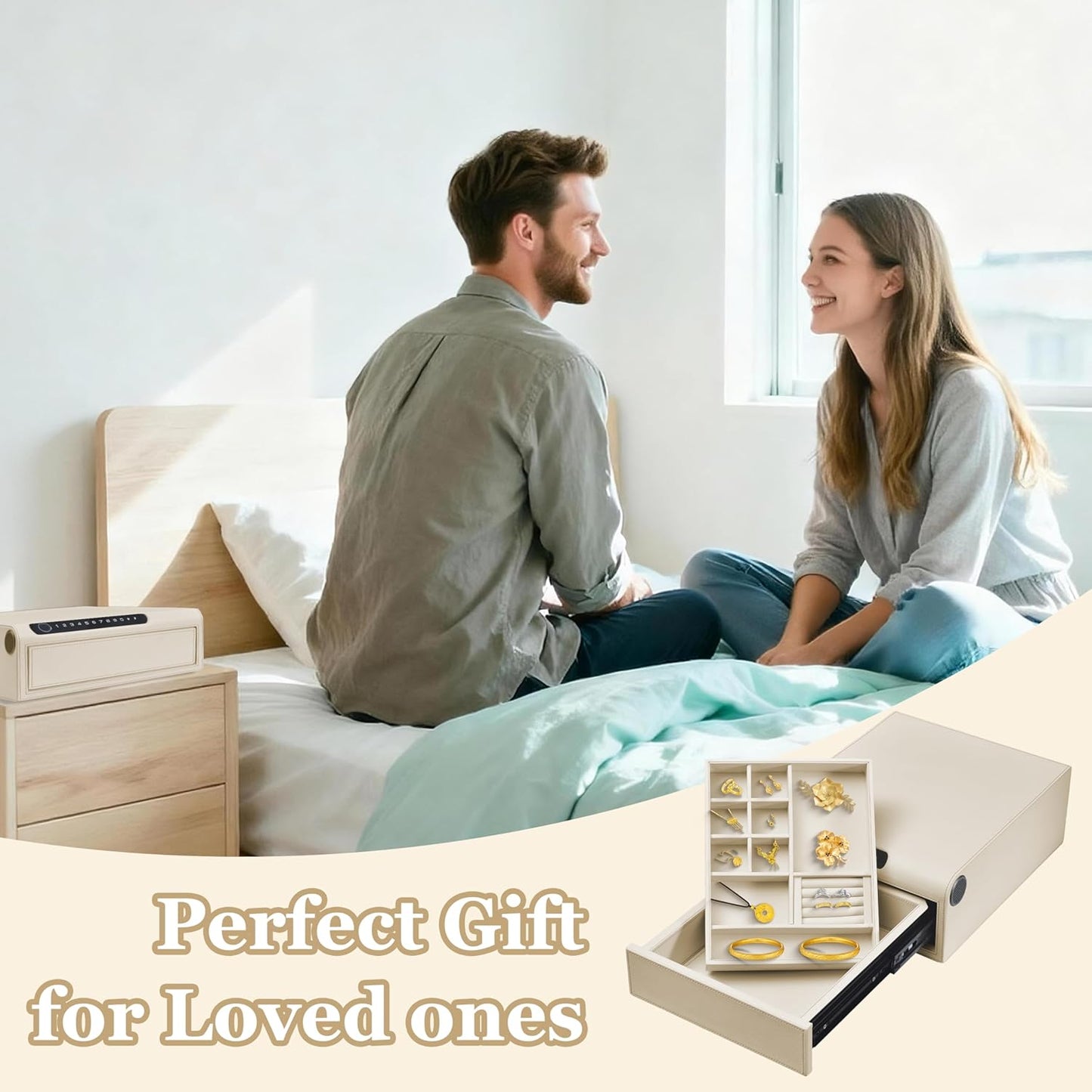 Jewelry Safe with Drawers，Biometric Fingerprint safe, Slide-Away Handgun Safe for Pistols, Leather Wrapped Jewelry Storage Safe, Digital Keypad & Quick-Access Drawer (White- 1 Drawer)